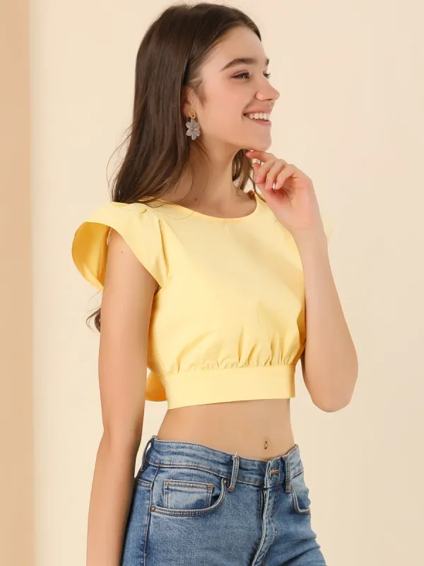 Summer Backless Blouse Short Sleeve Tie Back Crop Top sold by Allegra K
