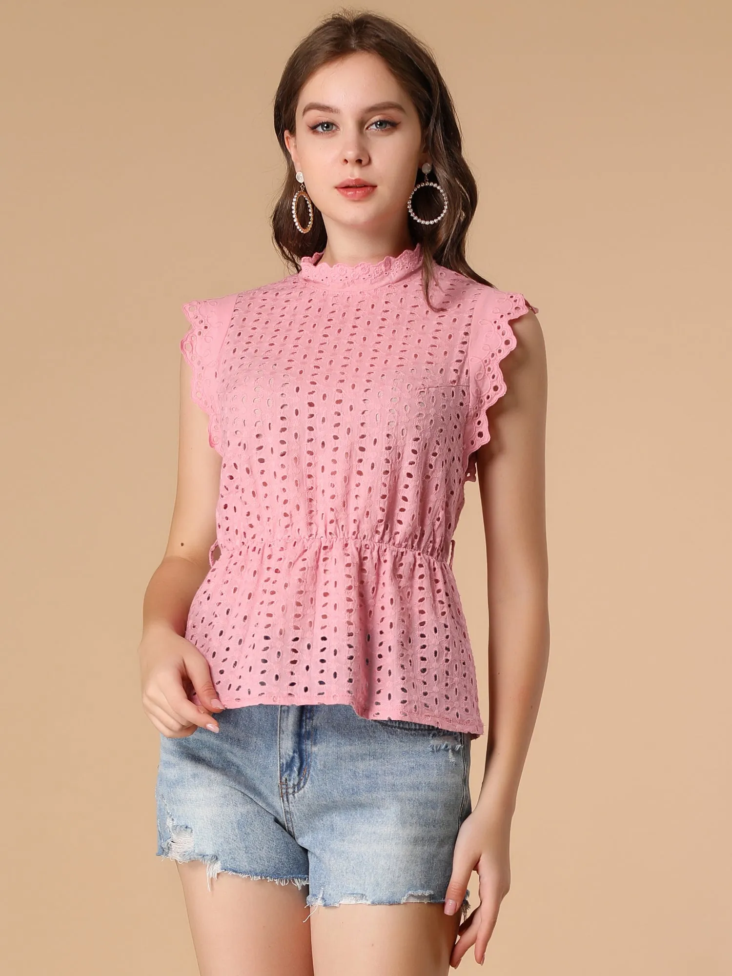Ruffle Cap Sleeve Frill Neck Eyelet Tie Waist Peplum Top sold by Allegra K product image thumbnail 5