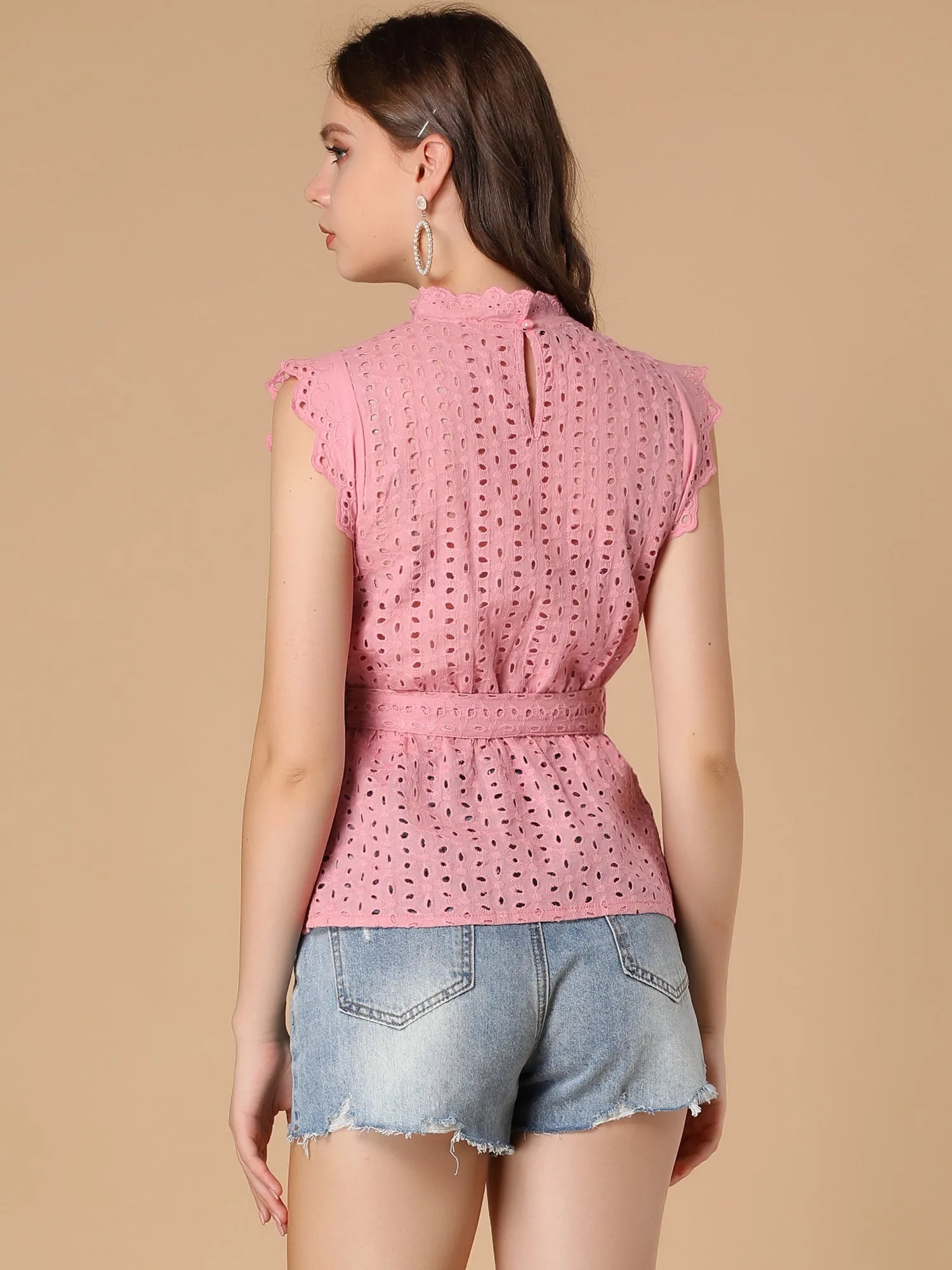 Ruffle Cap Sleeve Frill Neck Eyelet Tie Waist Peplum Top sold by Allegra K product image thumbnail 4