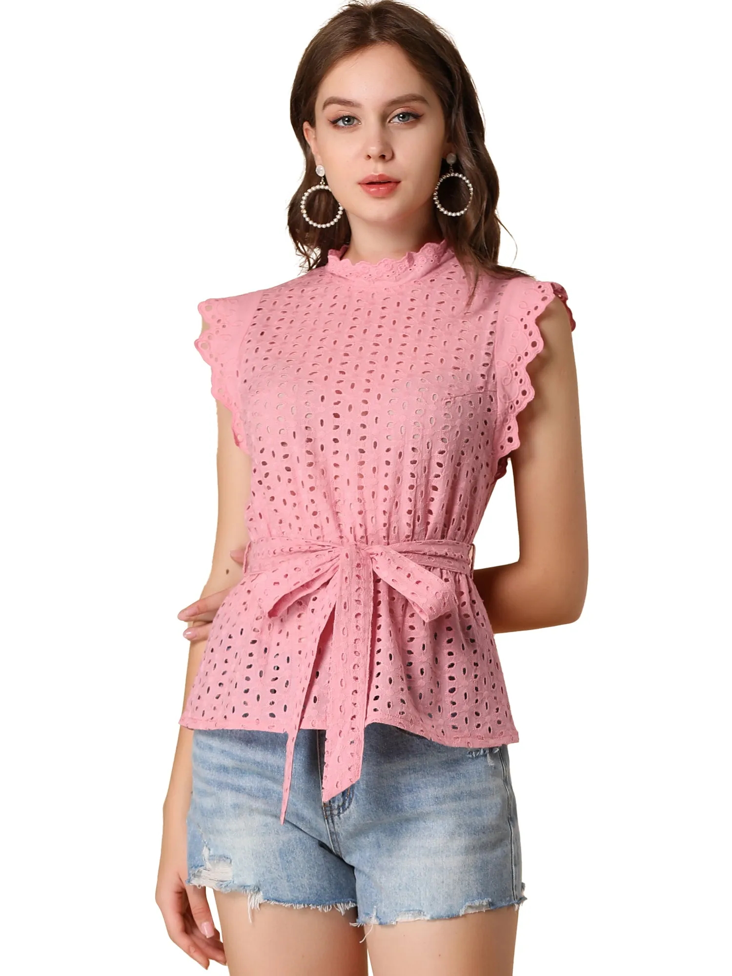 Ruffle Cap Sleeve Frill Neck Eyelet Tie Waist Peplum Top sold by Allegra K product image thumbnail 2