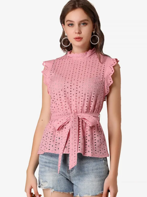 Ruffle Cap Sleeve Frill Neck Eyelet Tie Waist Peplum Top sold by Allegra K
