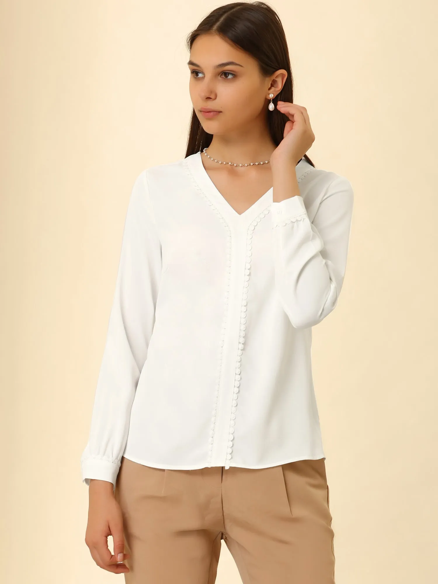 Long Sleeve Casual Lace Trim Career V Neck Blouse sold by Allegra K product image thumbnail 3