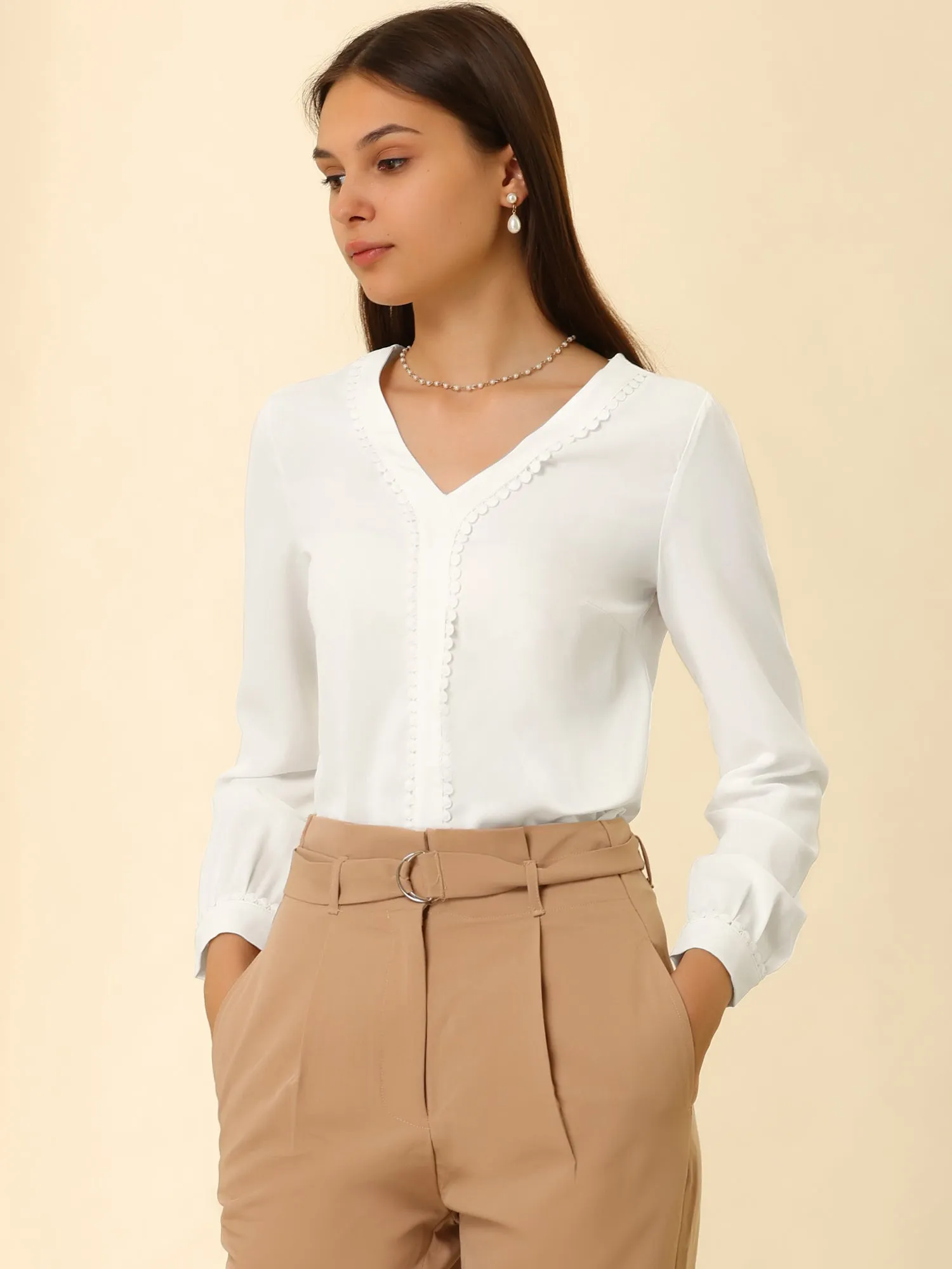 Long Sleeve Casual Lace Trim Career V Neck Blouse sold by Allegra K product image thumbnail 2