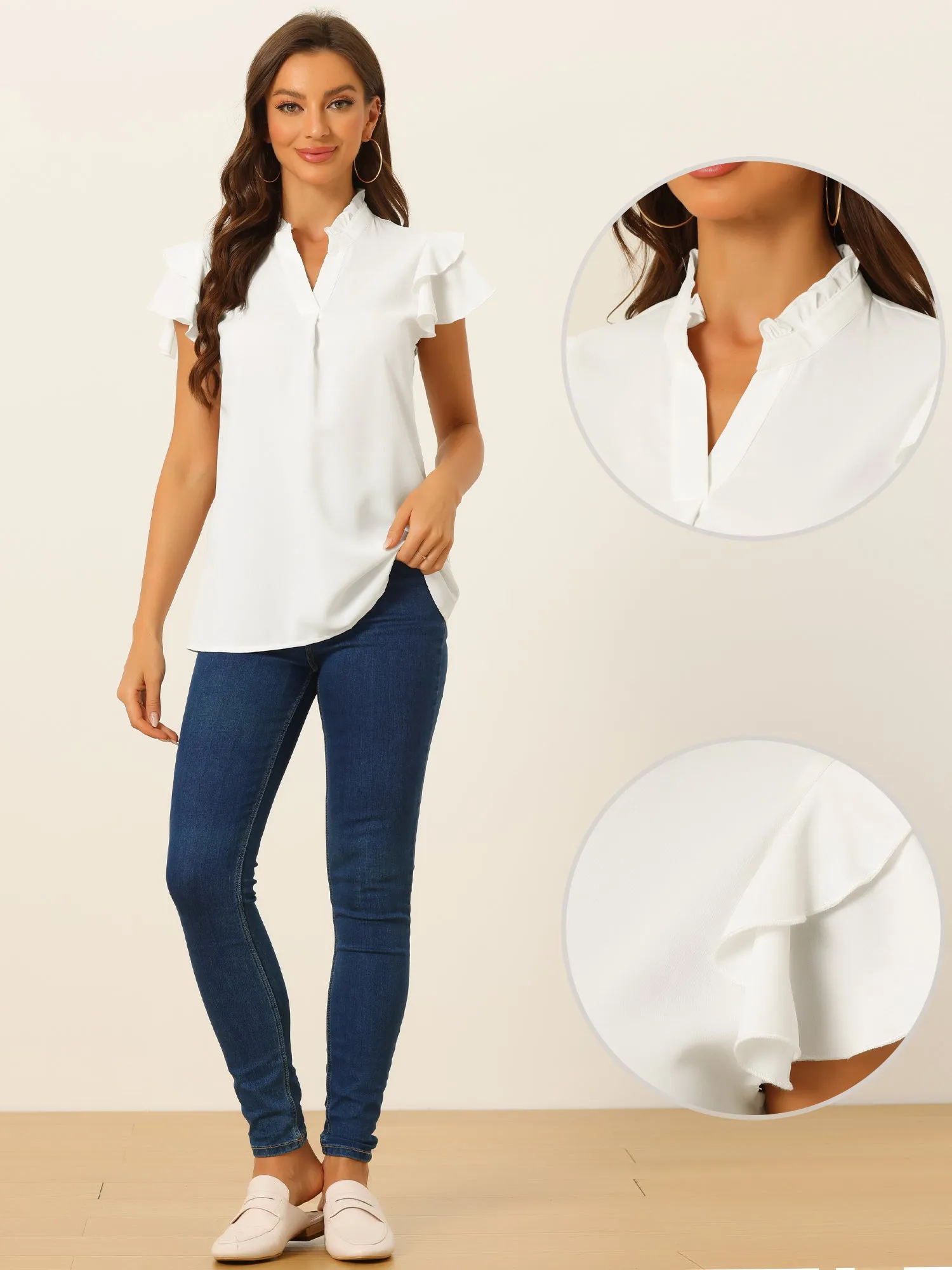 Casual Ruffle V Neck Cap Sleeve Work Office Blouse sold by Allegra K product image thumbnail 2