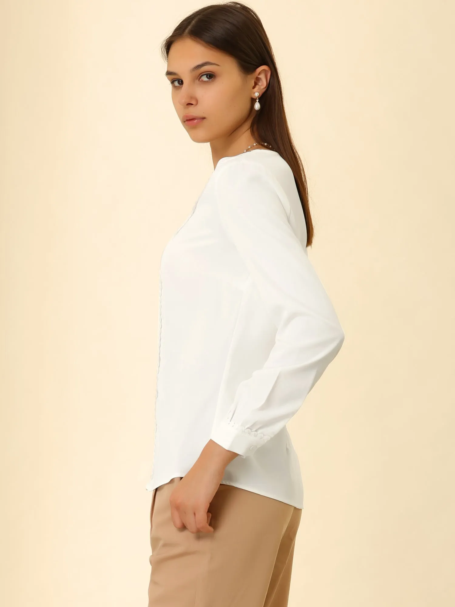 Long Sleeve Casual Lace Trim Career V Neck Blouse sold by Allegra K product image thumbnail 4