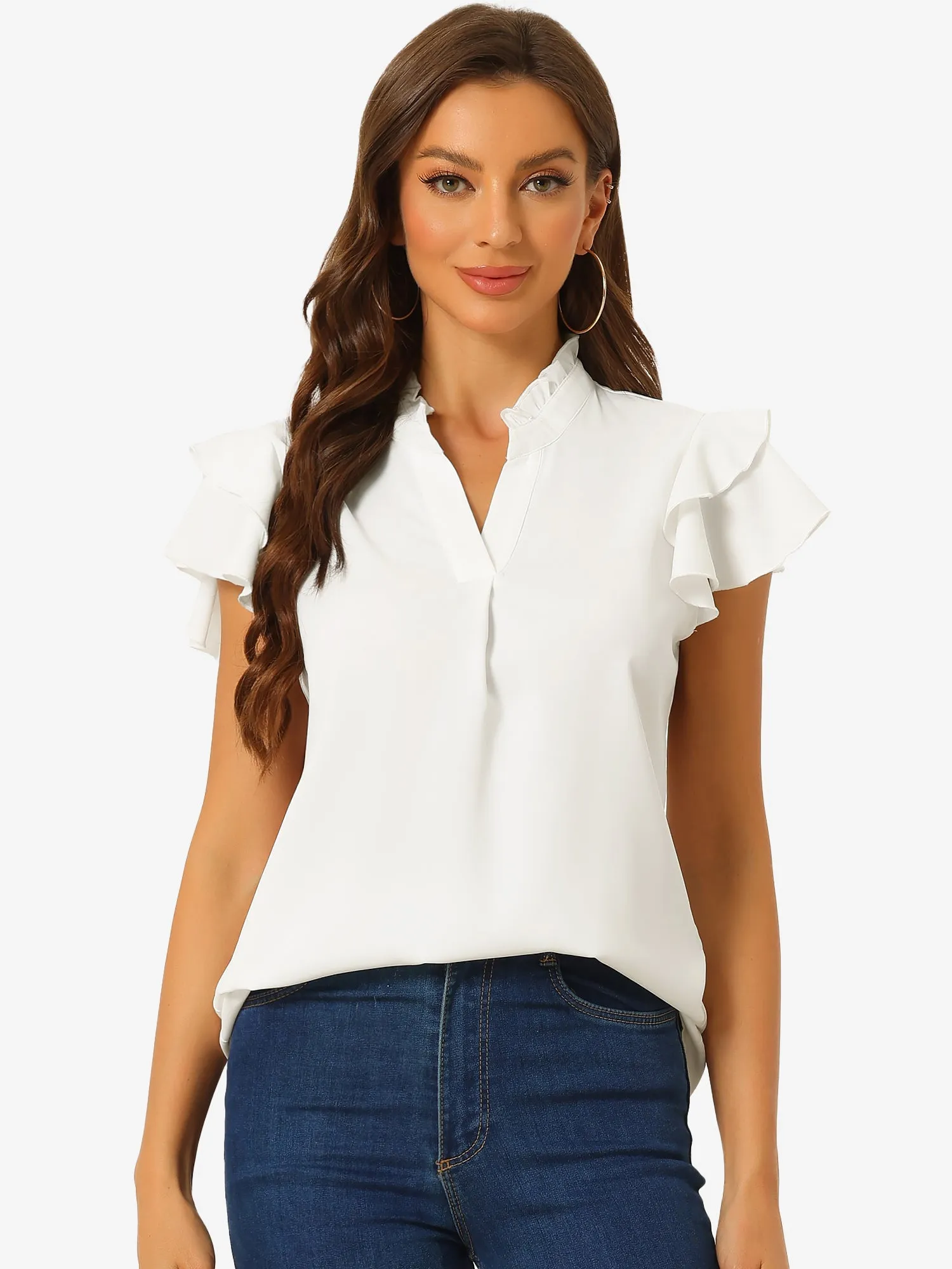 Casual Ruffle V Neck Cap Sleeve Work Office Blouse sold by Allegra K