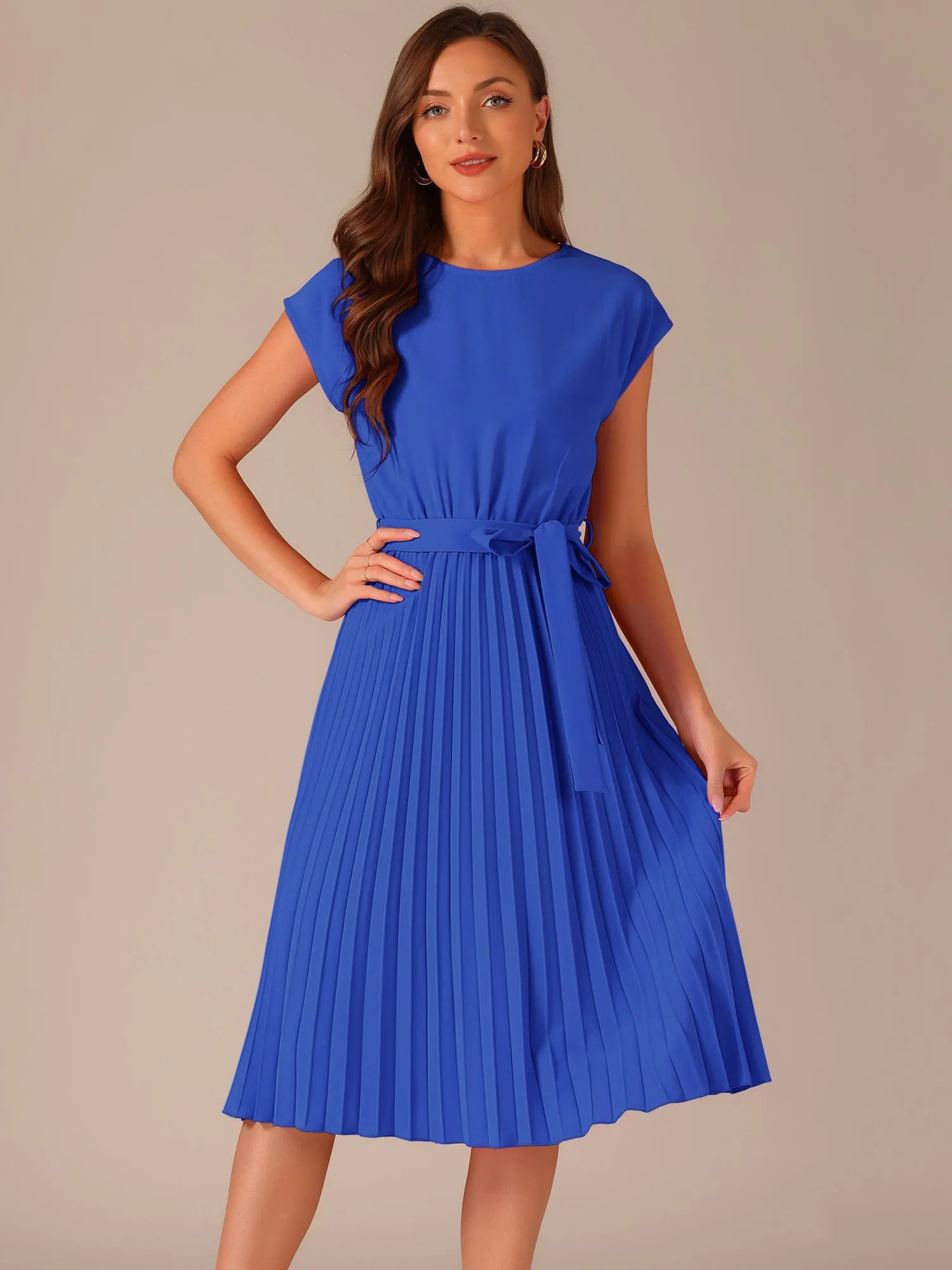 Crew Neck Sleeveless Tie Waist A-Line Pleated Dress sold by Allegra K product image thumbnail 5
