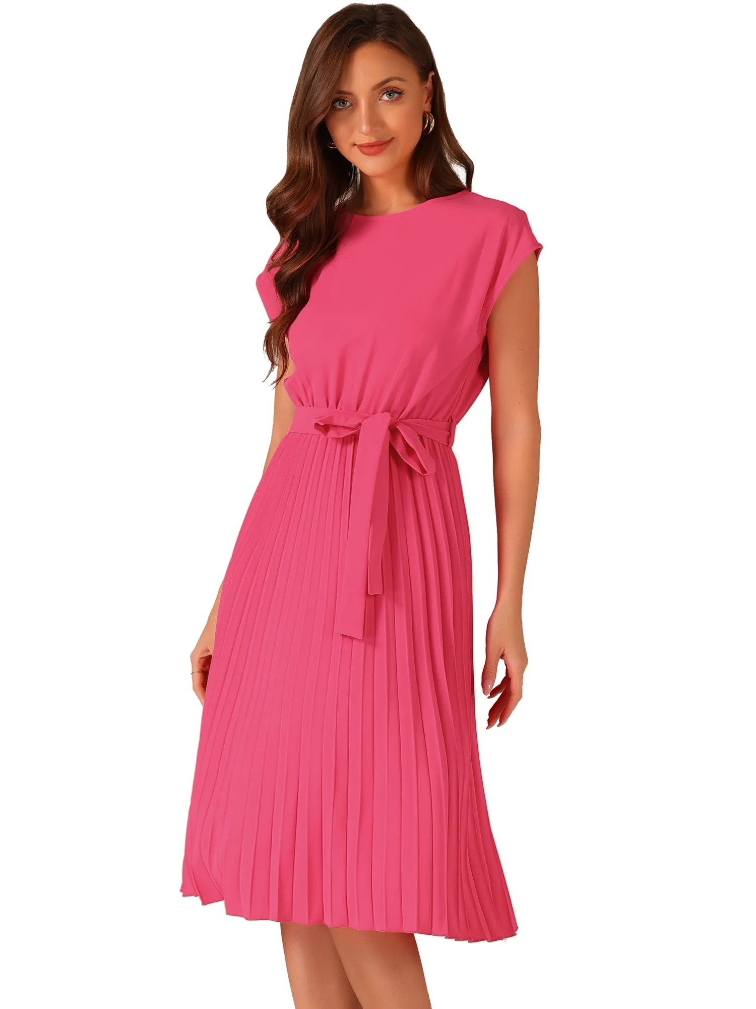 Crew Neck Sleeveless Tie Waist A-Line Pleated Dress sold by Allegra K product image thumbnail 4