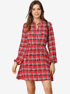 Vintage Plaid Elastic Waist Stand Collar Pockets Dress sold by Allegra K