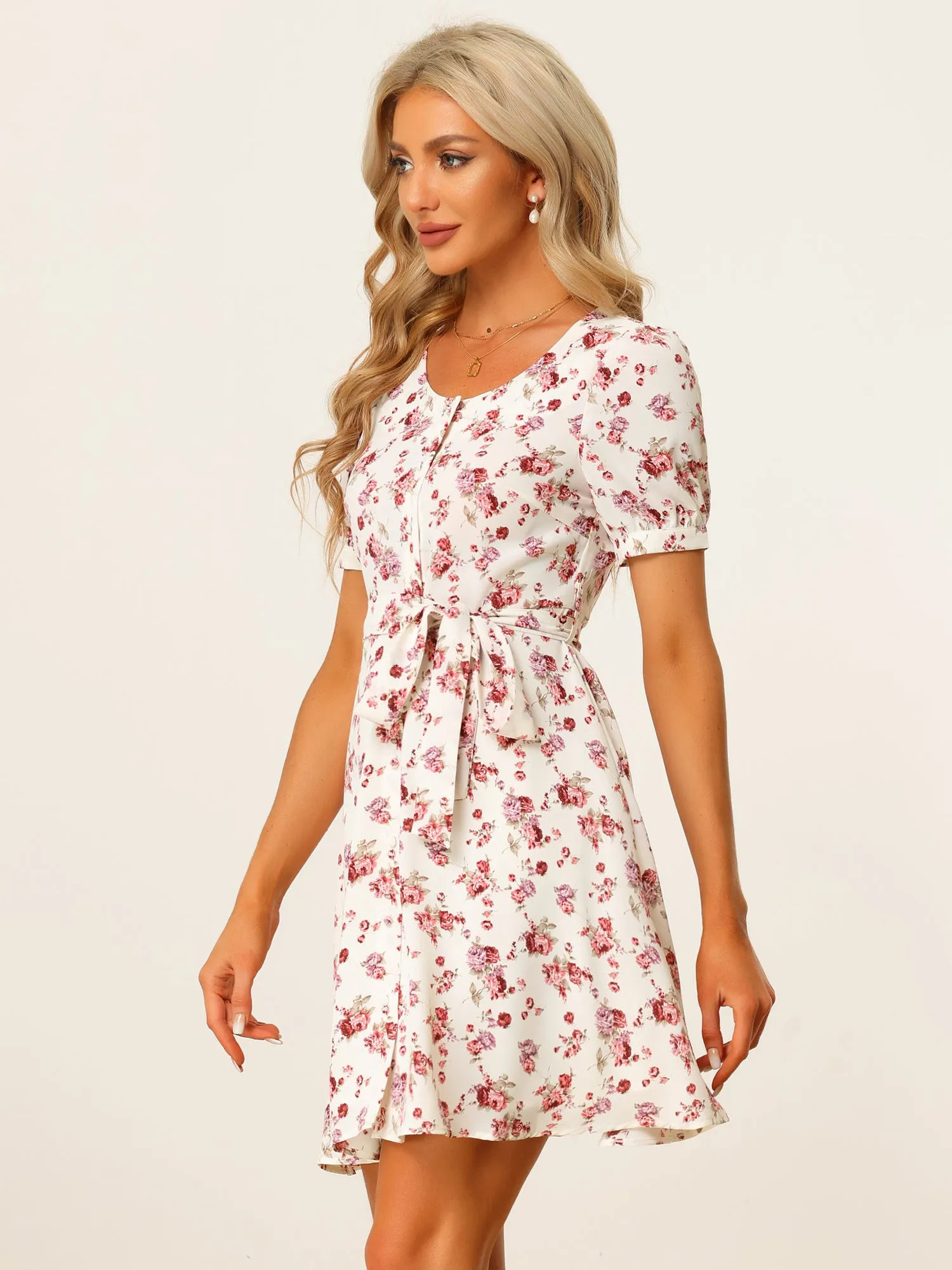 Floral Round Neck Tie Waist Puff Sleeve Casual Flowy Mini Dress sold by Allegra K