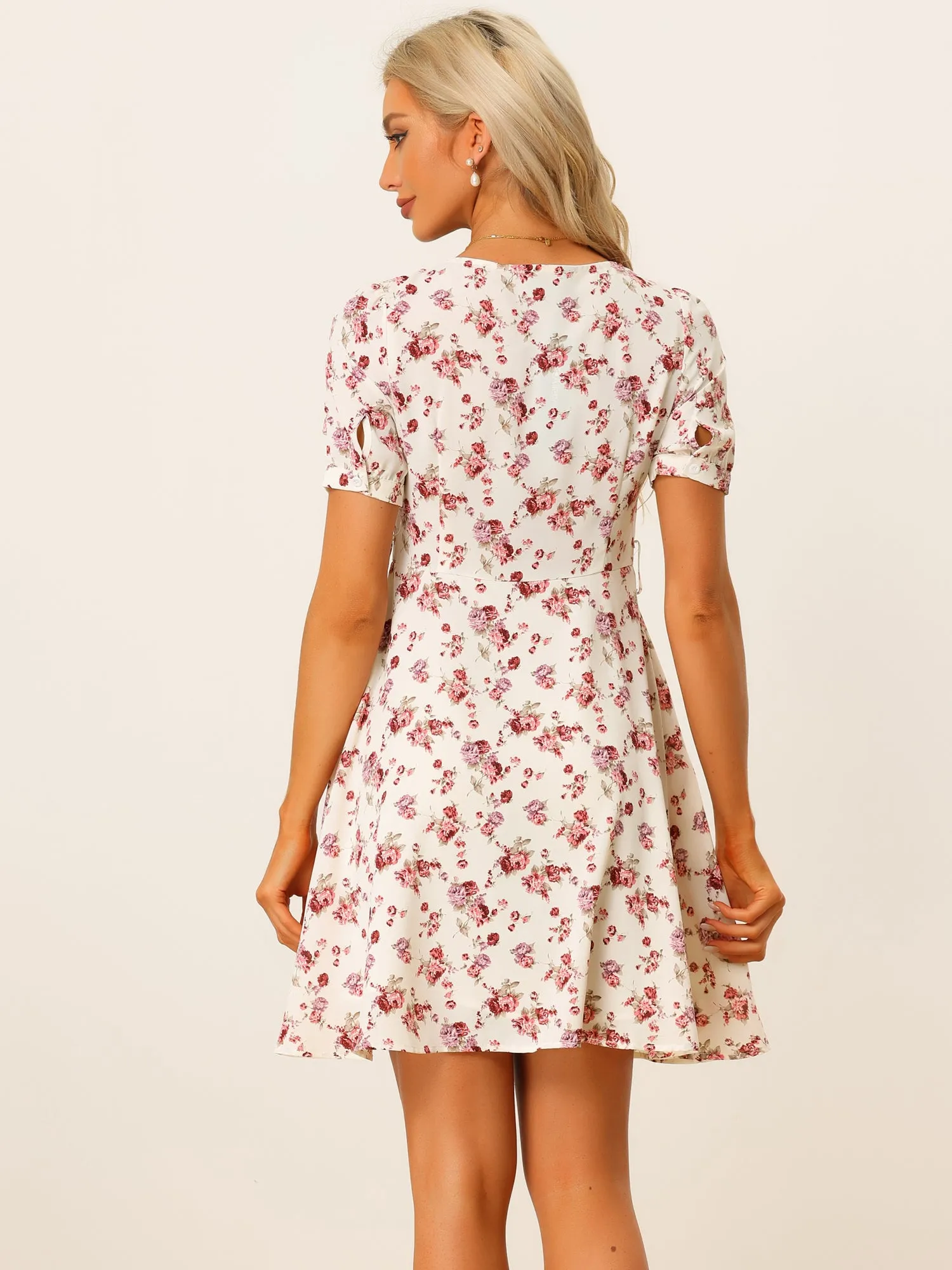 Floral Round Neck Tie Waist Puff Sleeve Casual Flowy Mini Dress sold by Allegra K product image thumbnail 3