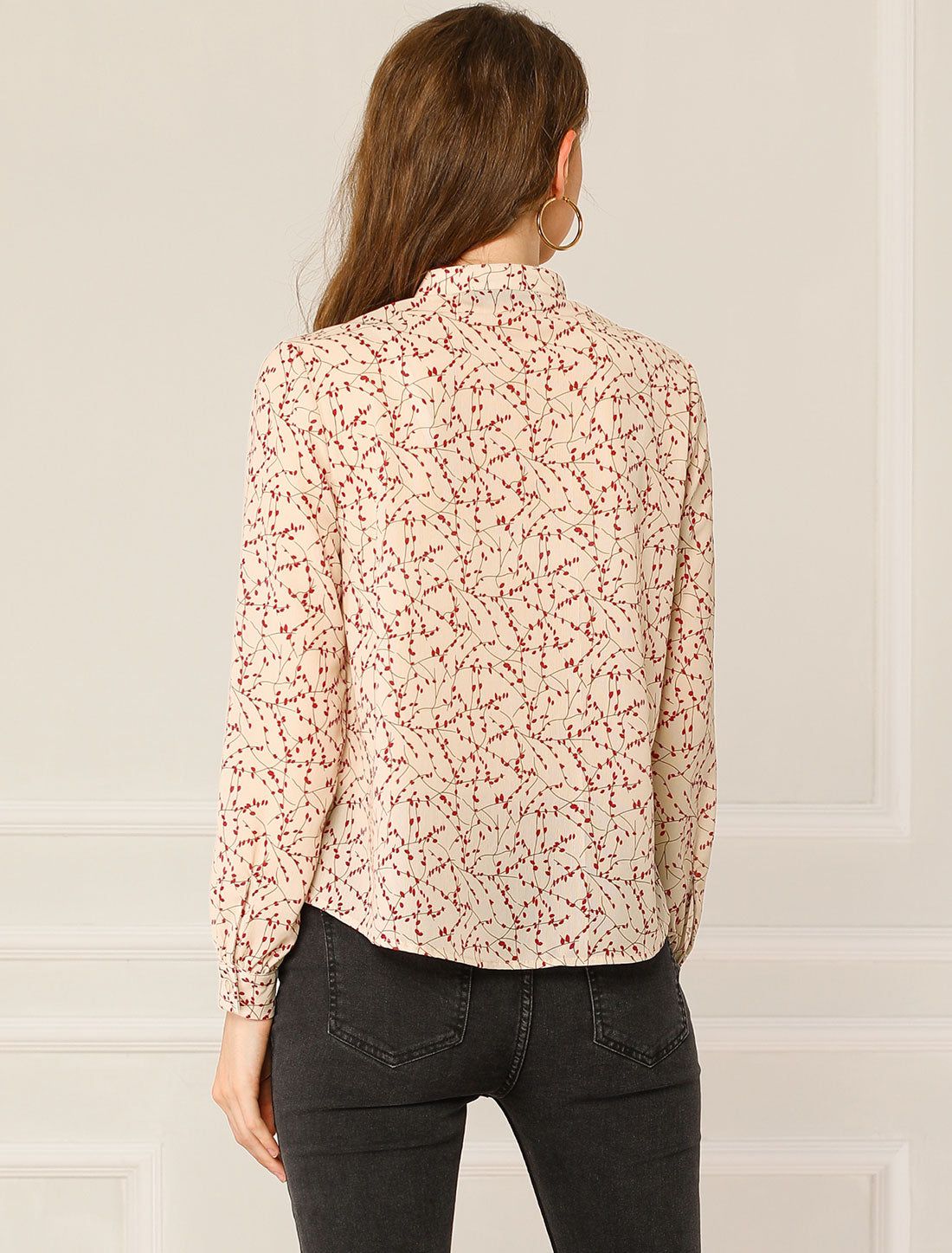 Mock Neck Button Up Floral Print Ruffle Long Sleeve Blouse sold by Allegra K product image thumbnail 4