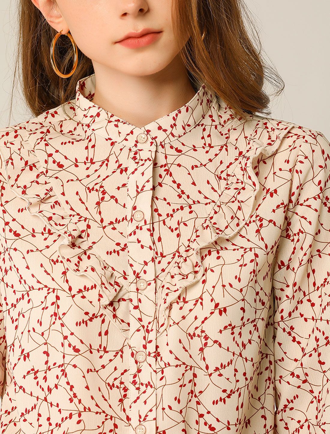 Mock Neck Button Up Floral Print Ruffle Long Sleeve Blouse sold by Allegra K product image thumbnail 5
