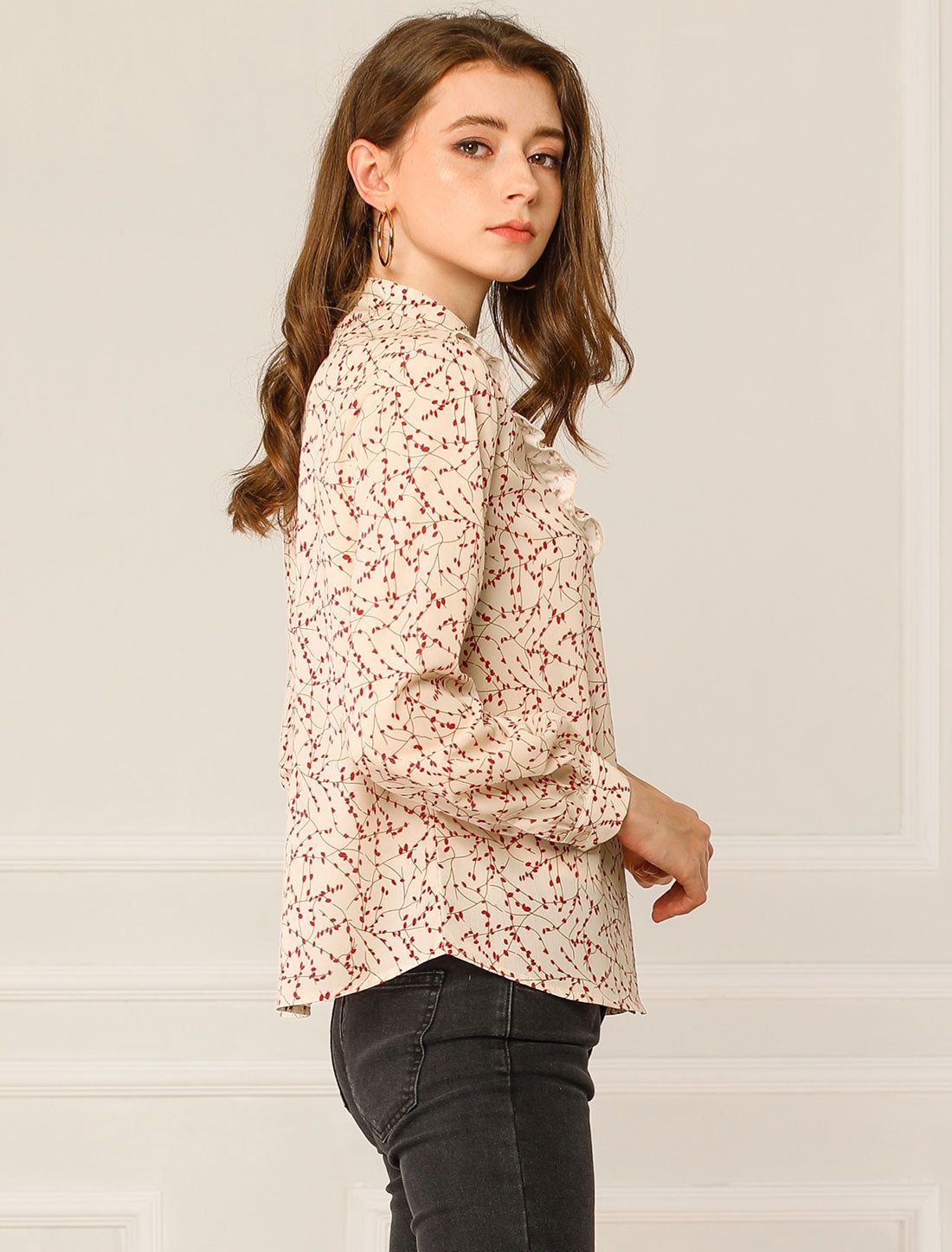 Mock Neck Button Up Floral Print Ruffle Long Sleeve Blouse sold by Allegra K product image thumbnail 3