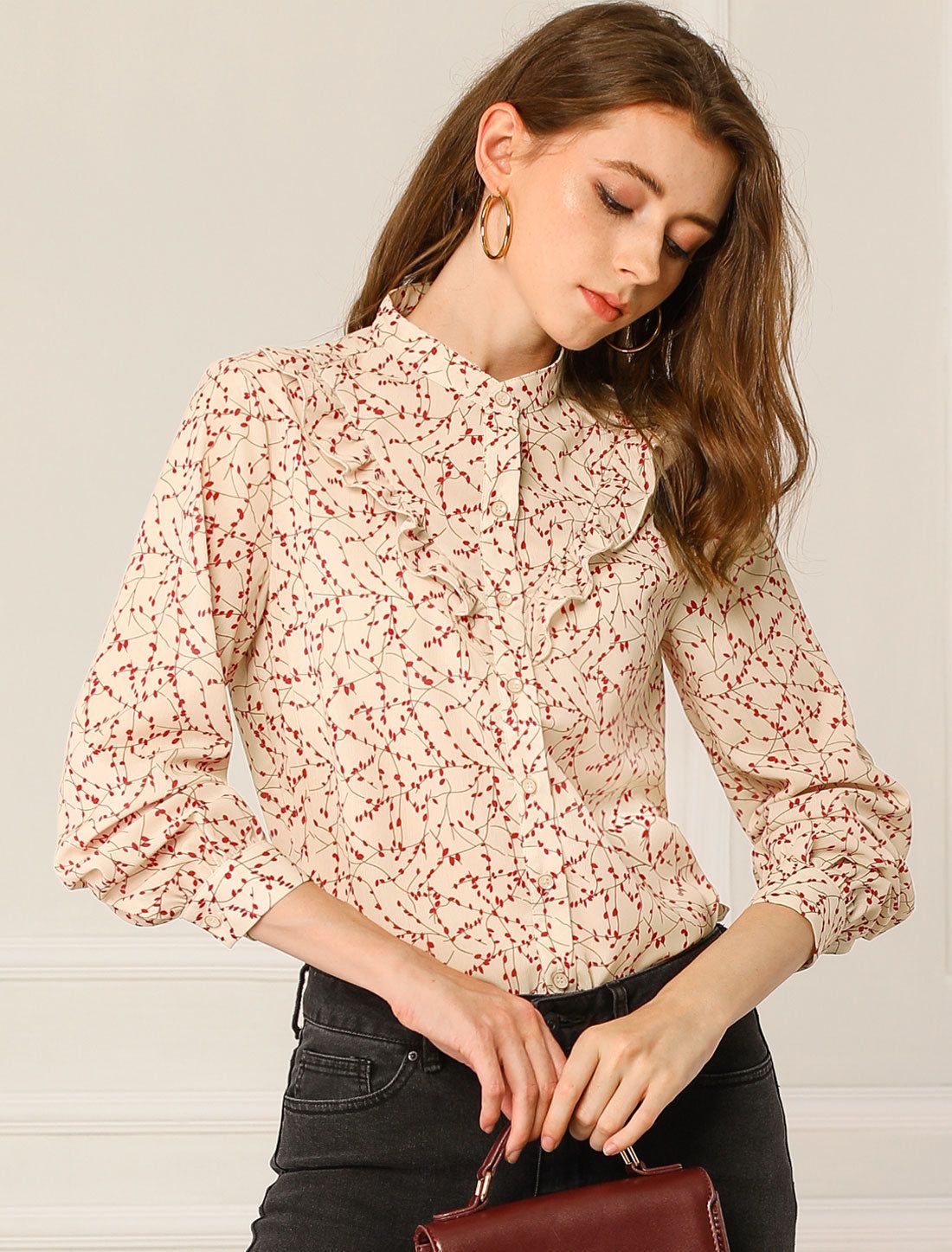 Mock Neck Button Up Floral Print Ruffle Long Sleeve Blouse sold by Allegra K