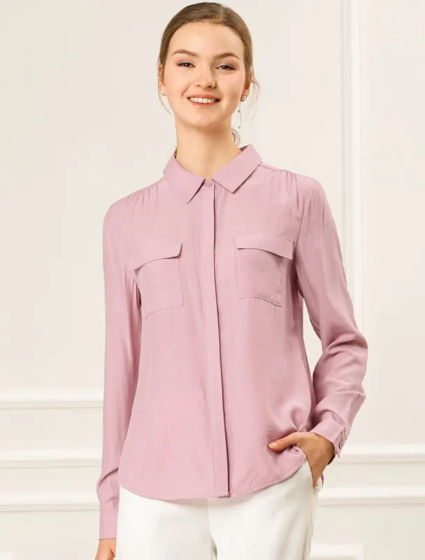 Work Blouse Button Down Flap Pocket Collared Long Sleeve Shirt sold by Allegra K