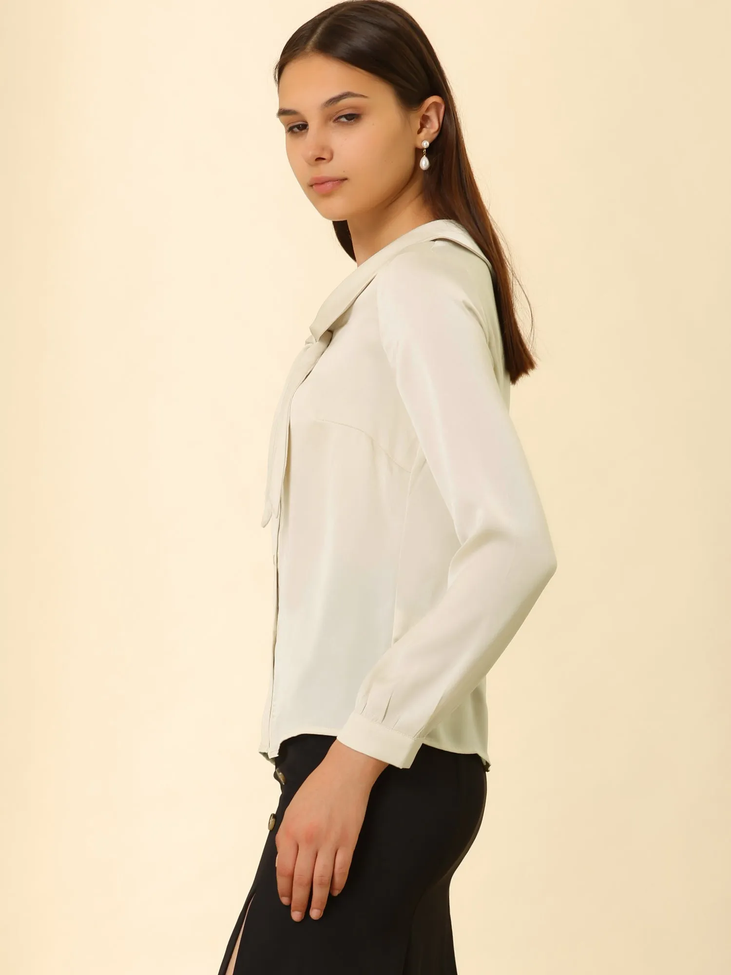 Retro 1950s Bow Tie Tops Button Long Sleeve Shawl Collar Satin Blouse sold by Allegra K product image thumbnail 4