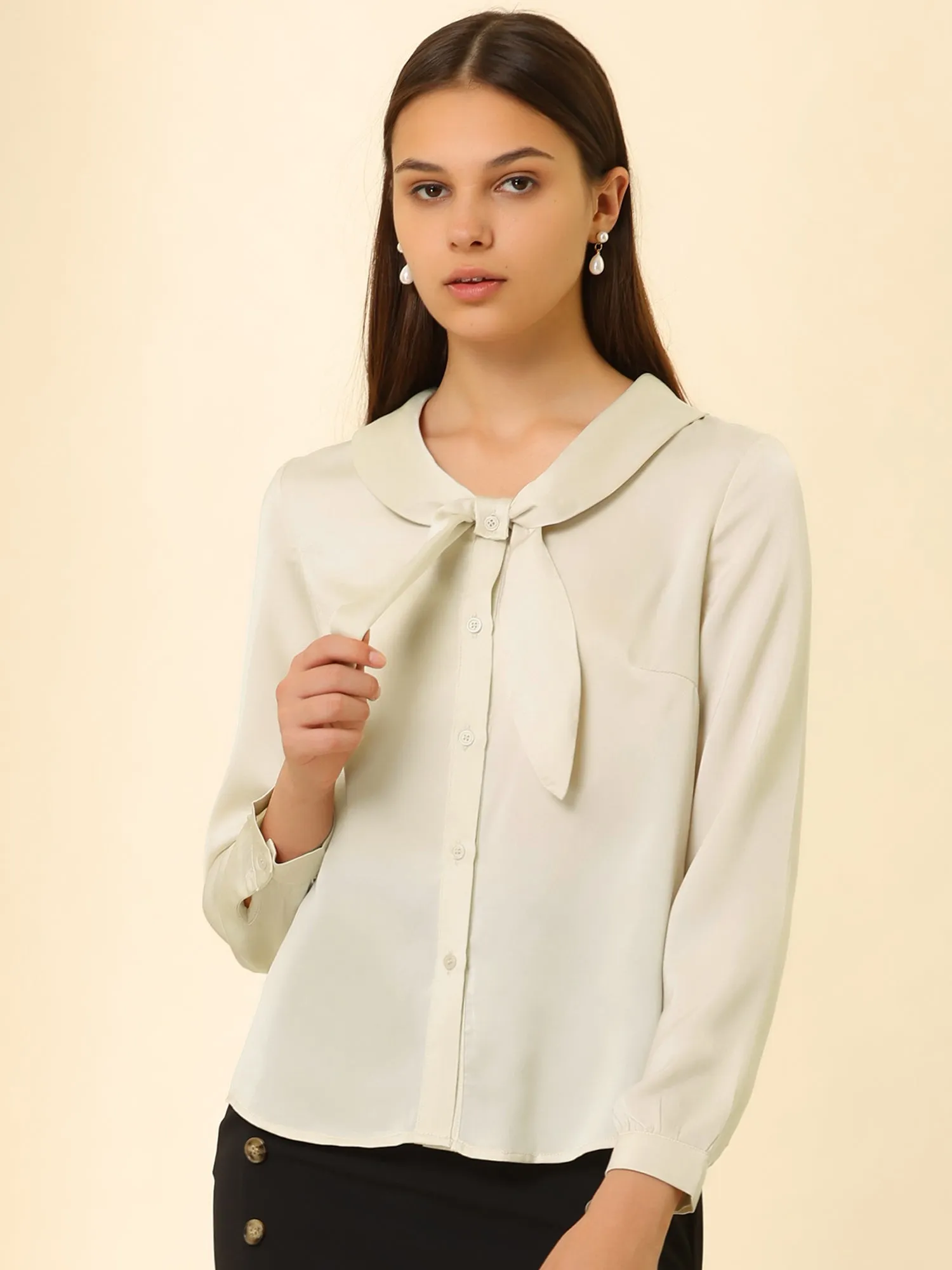 Retro 1950s Bow Tie Tops Button Long Sleeve Shawl Collar Satin Blouse sold by Allegra K product image thumbnail 2