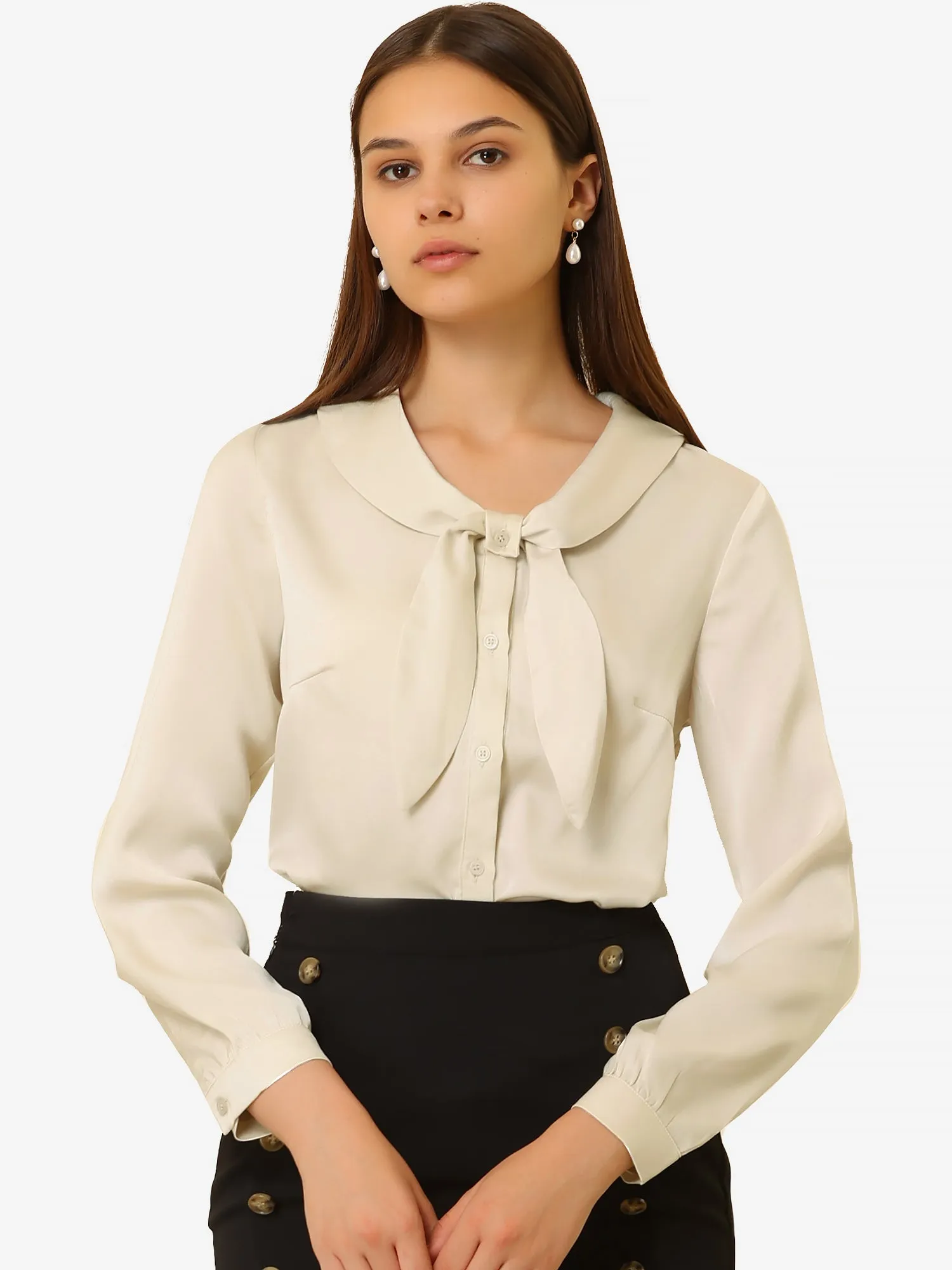 Retro 1950s Bow Tie Tops Button Long Sleeve Shawl Collar Satin Blouse sold by Allegra K