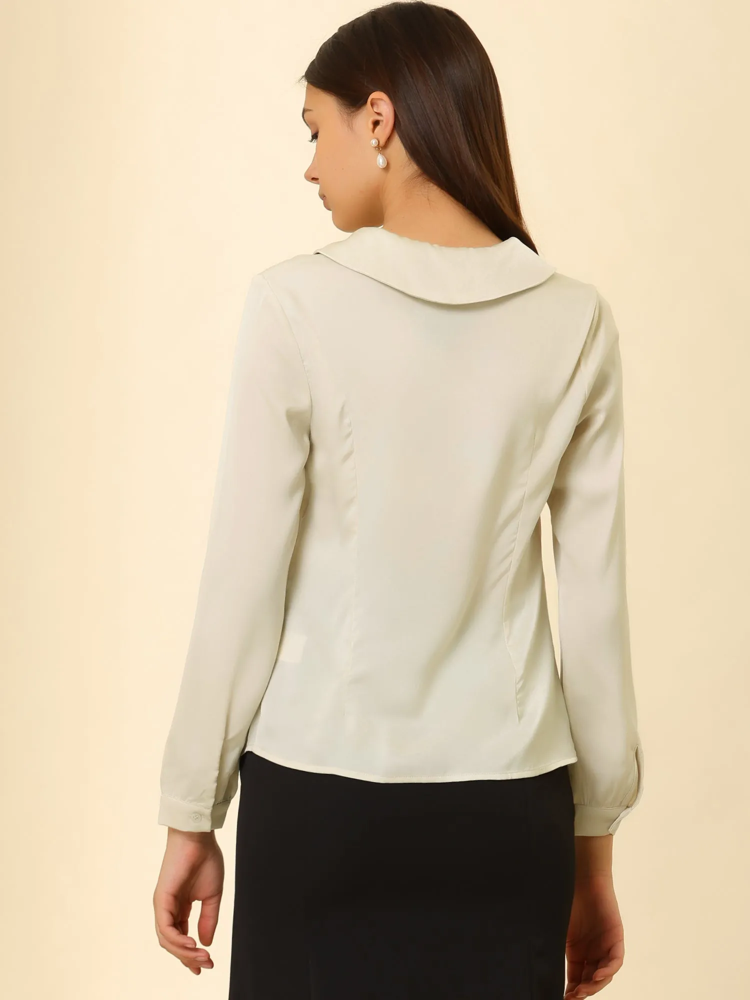 Retro 1950s Bow Tie Tops Button Long Sleeve Shawl Collar Satin Blouse sold by Allegra K product image thumbnail 5