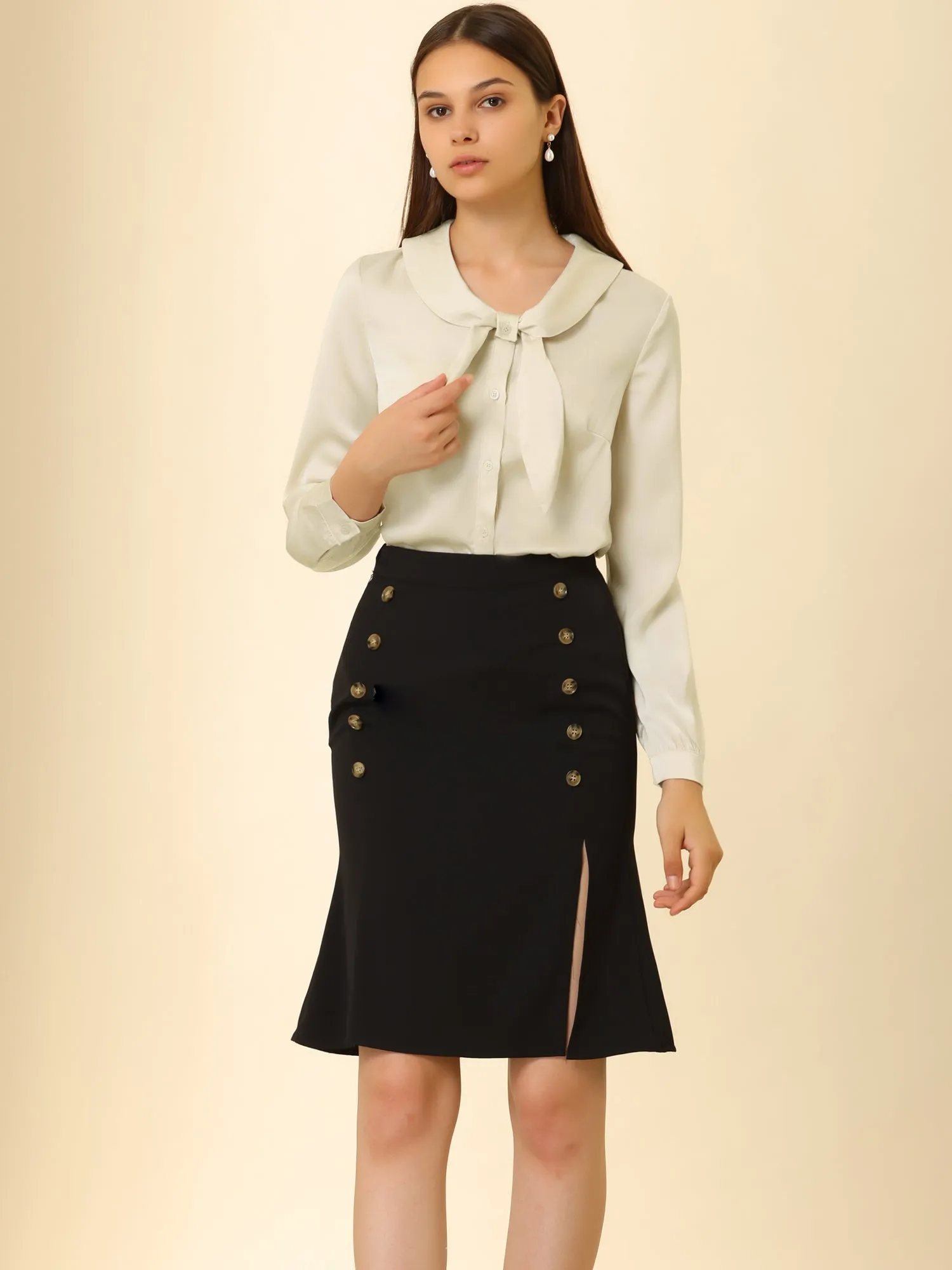 Retro 1950s Bow Tie Tops Button Long Sleeve Shawl Collar Satin Blouse sold by Allegra K product image thumbnail 3