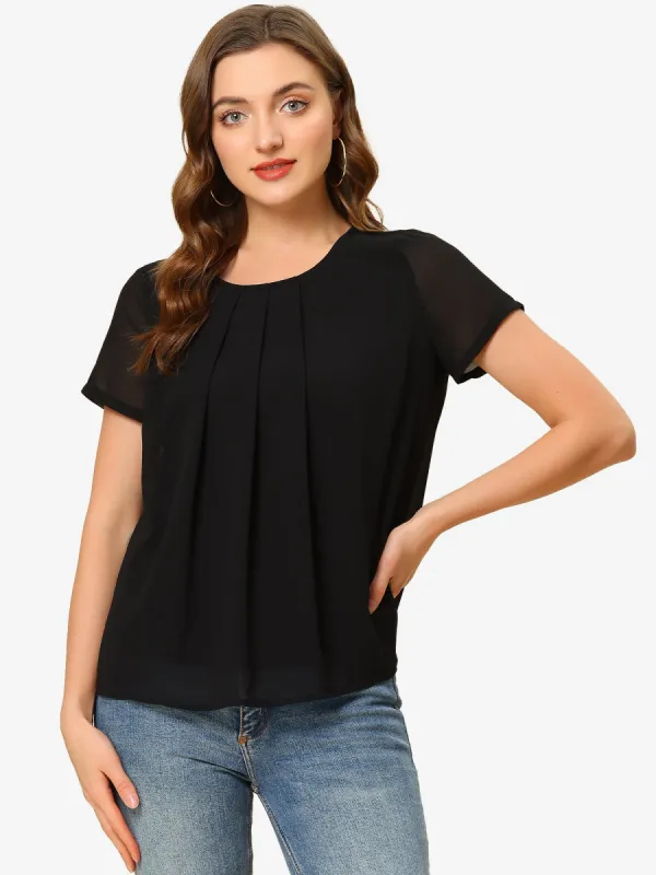 Pleated Top Short Sleeve Round Neck Summer Chiffon Blouse sold by Allegra K