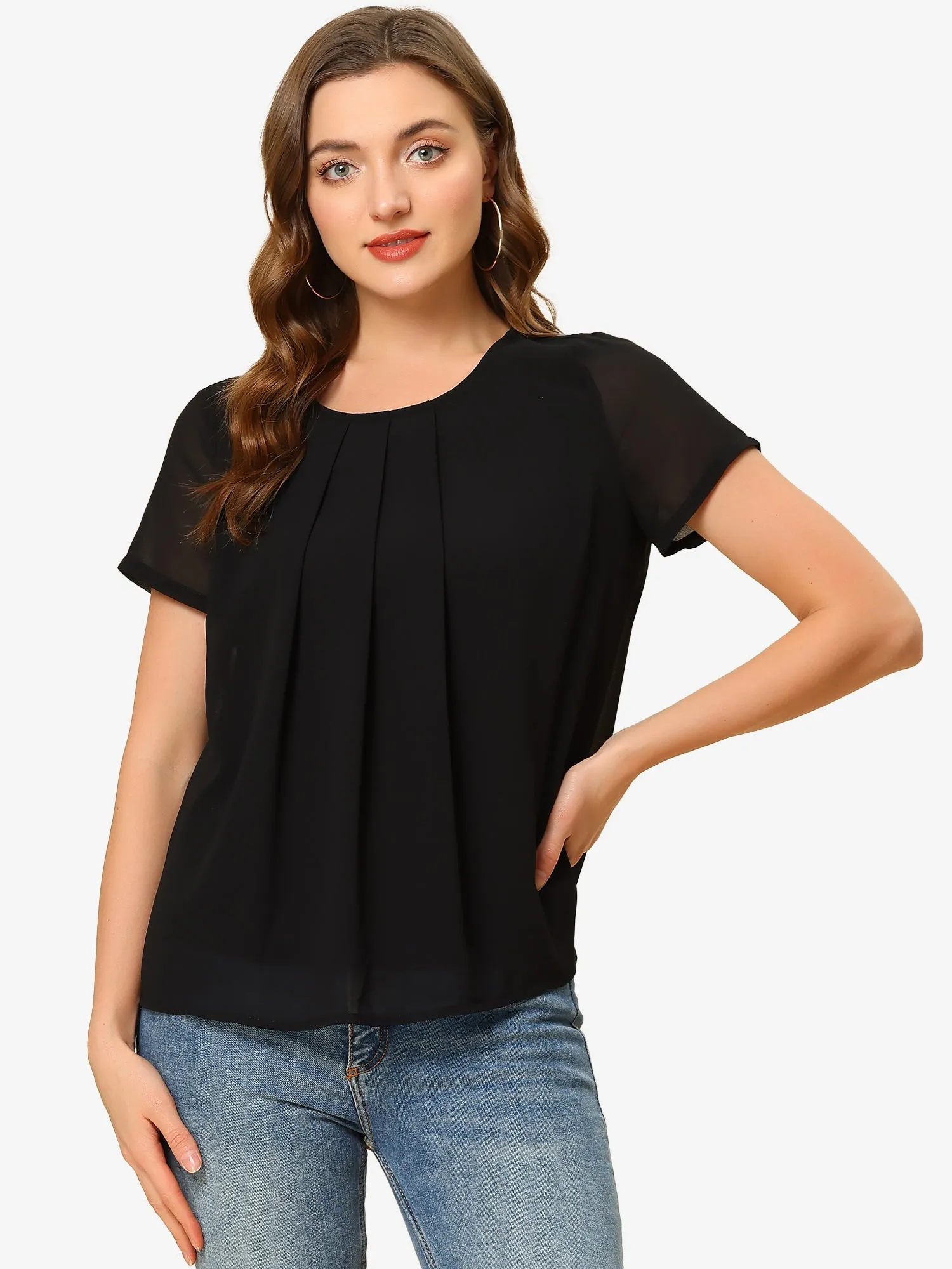 Pleated Top Short Sleeve Round Neck Summer Chiffon Blouse sold by Allegra K