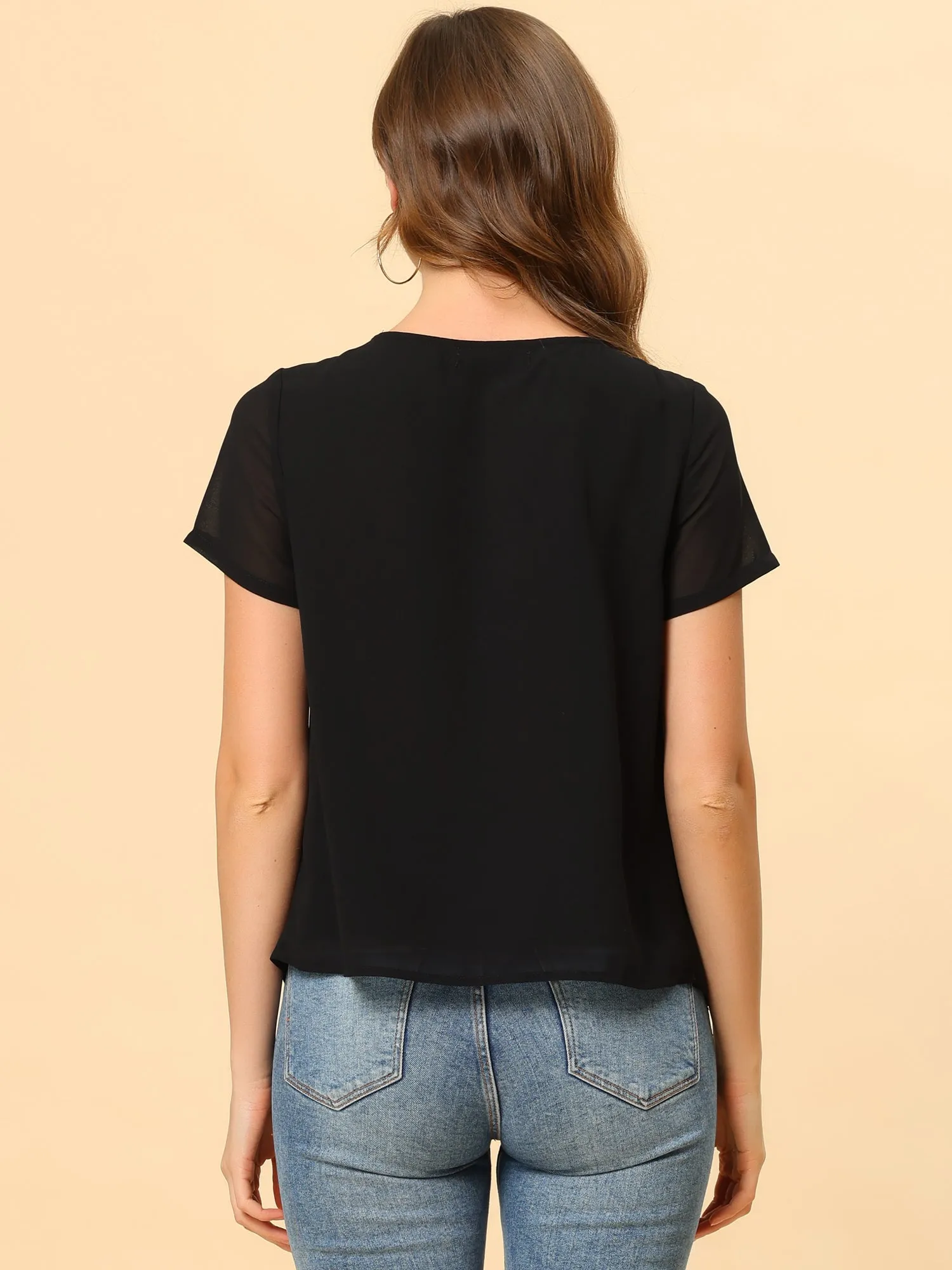 Pleated Top Short Sleeve Round Neck Summer Chiffon Blouse sold by Allegra K product image thumbnail 4