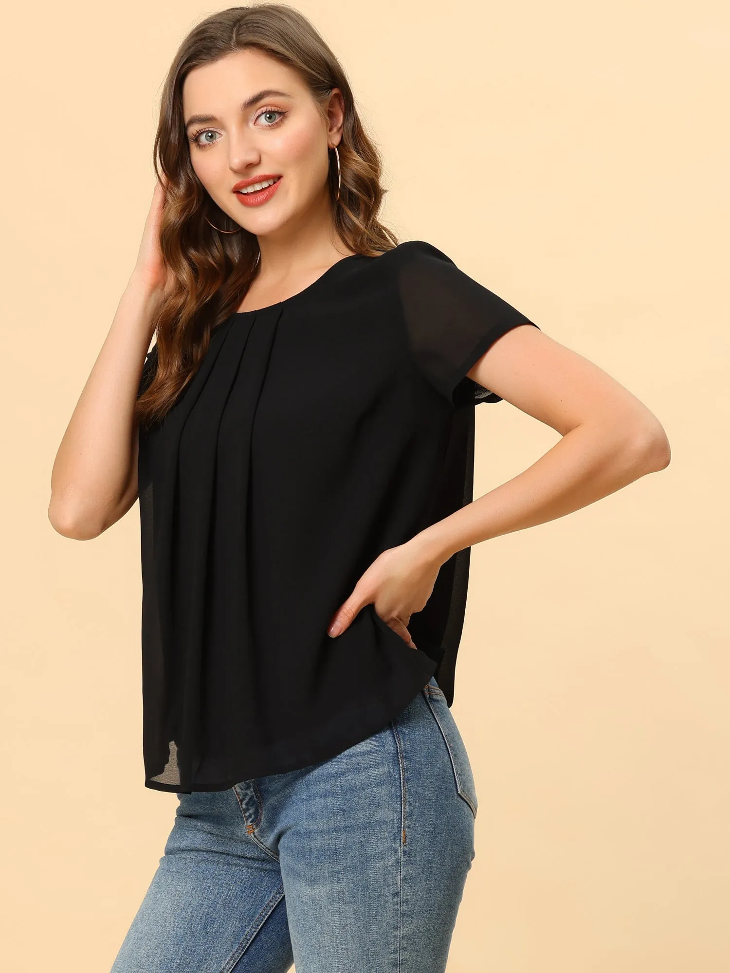 Pleated Top Short Sleeve Round Neck Summer Chiffon Blouse sold by Allegra K product image thumbnail 3