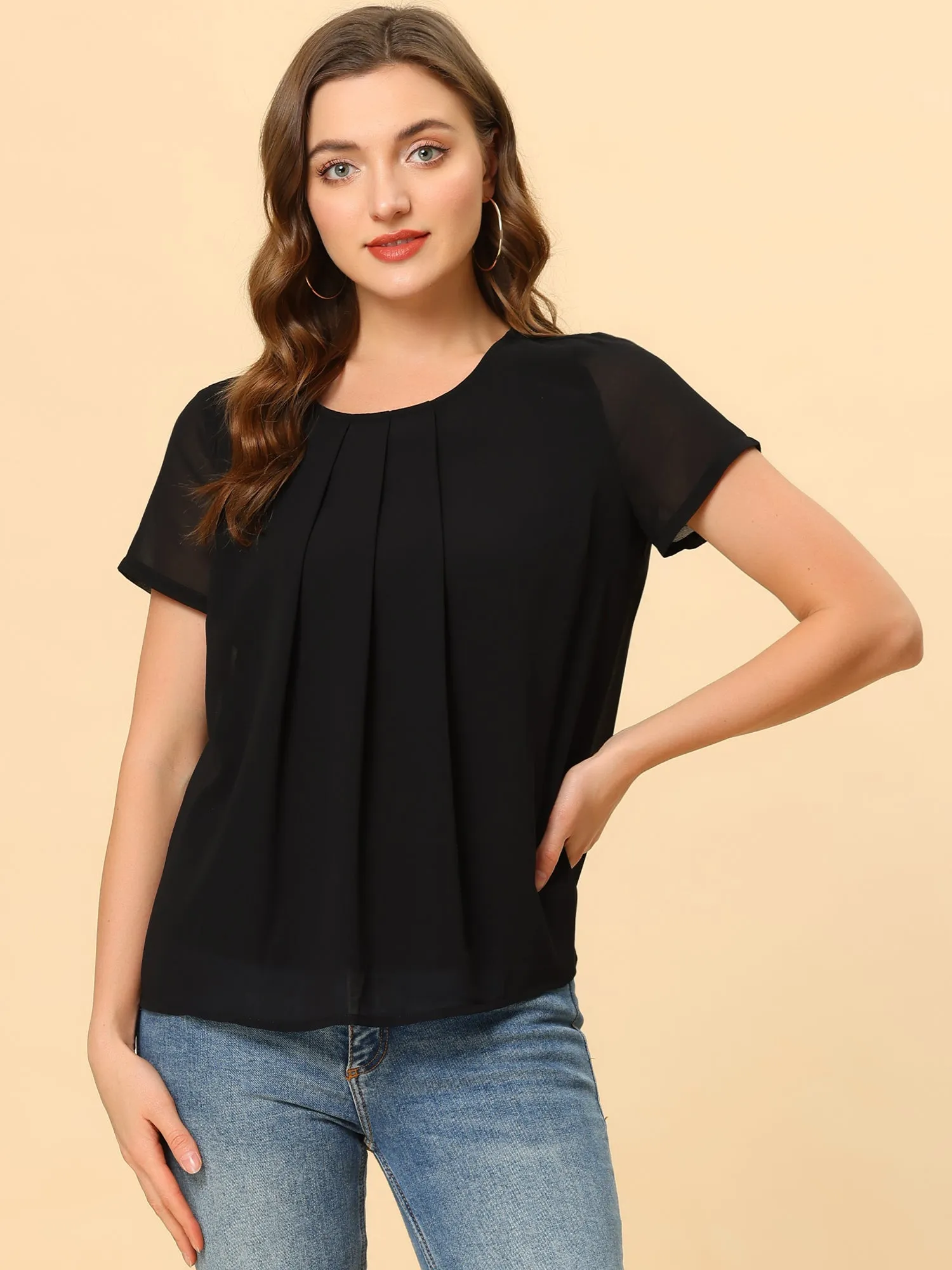 Pleated Top Short Sleeve Round Neck Summer Chiffon Blouse sold by Allegra K product image thumbnail 2