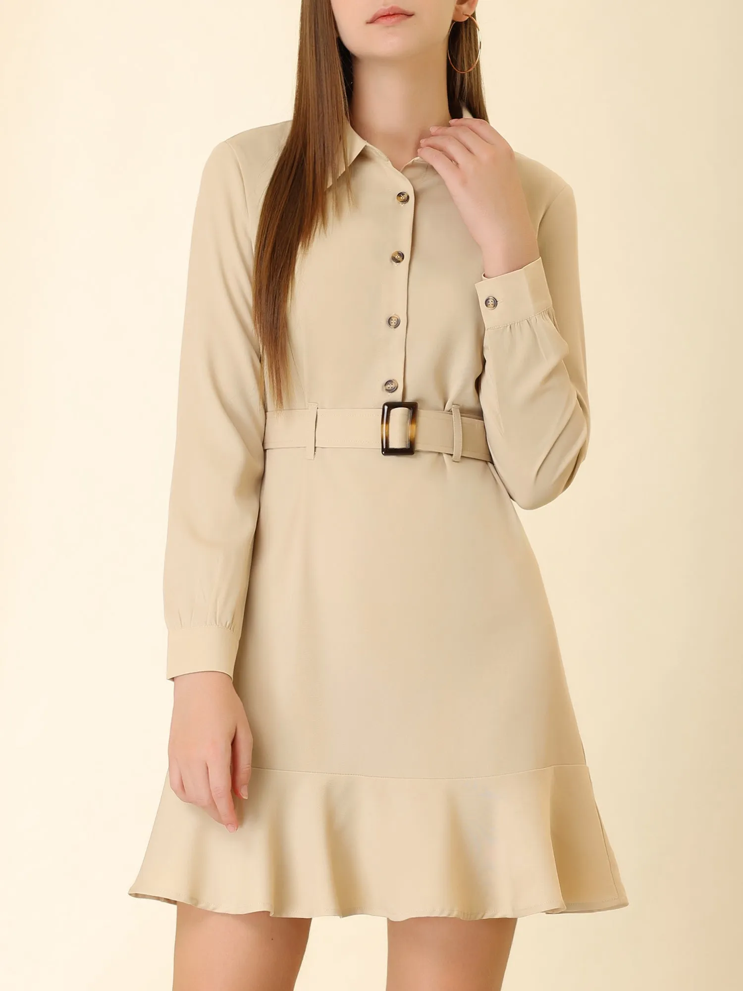 Belted Ruffle Hem Point Collar Button Down Shirt Dress sold by Allegra K product image thumbnail 4