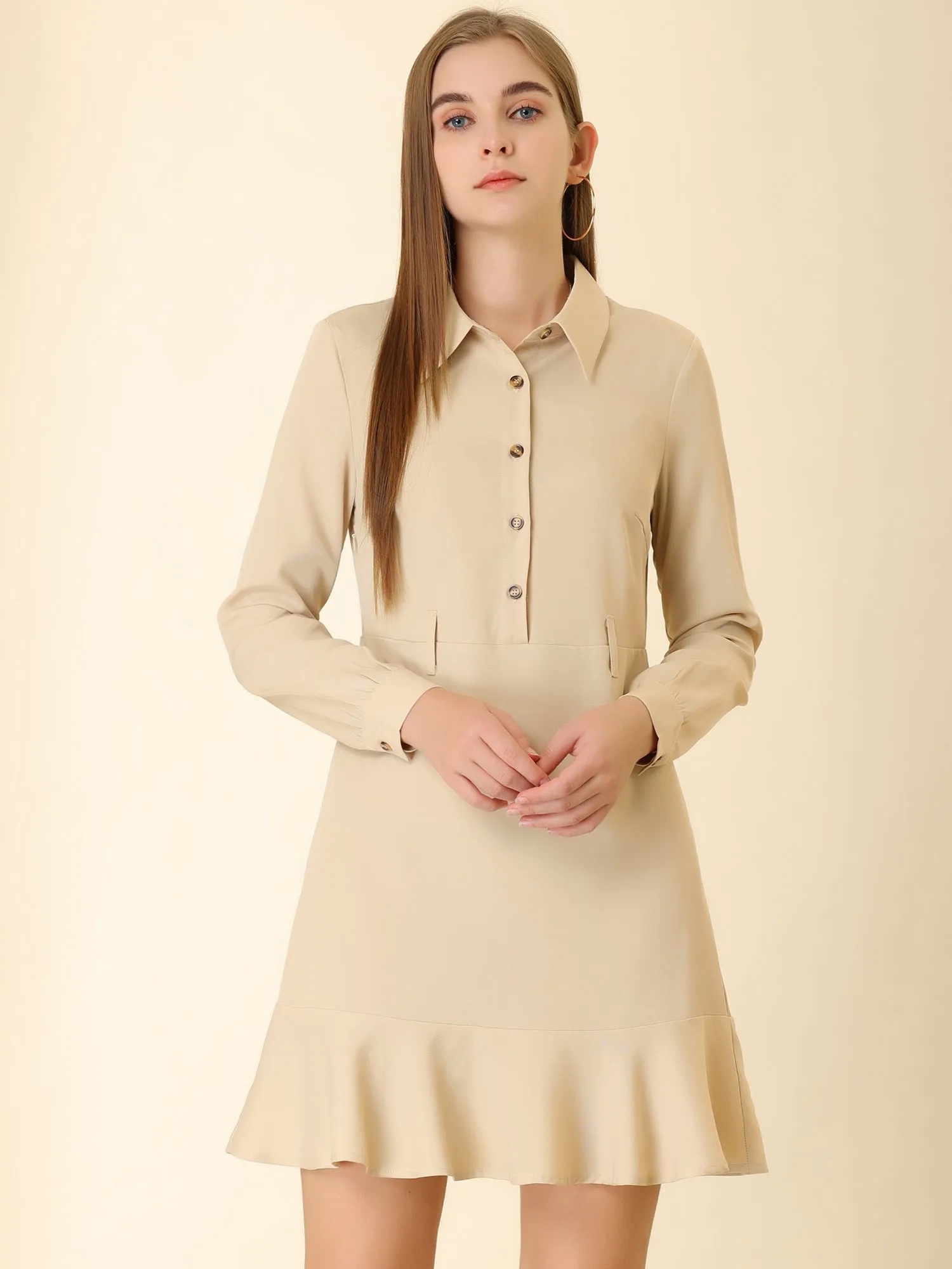 Belted Ruffle Hem Point Collar Button Down Shirt Dress sold by Allegra K