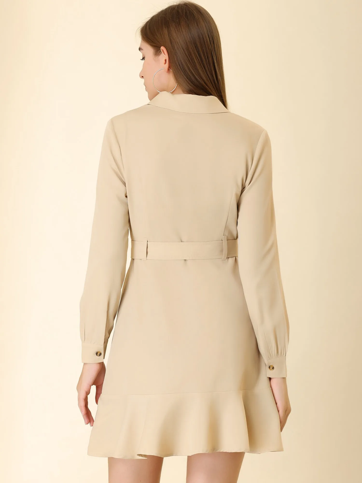 Belted Ruffle Hem Point Collar Button Down Shirt Dress sold by Allegra K product image thumbnail 3