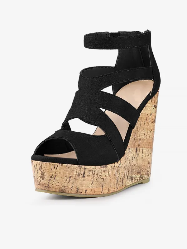 Women's Platform Peep Toe Strappy Back Zip Wedge Heel Sandal made by Allegra K
