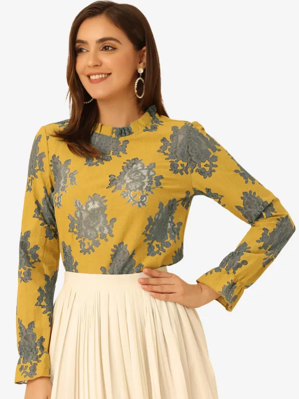 See Through Ruffle Frill Neck Long Sleeve Floral Lace Blouse sold by Allegra K