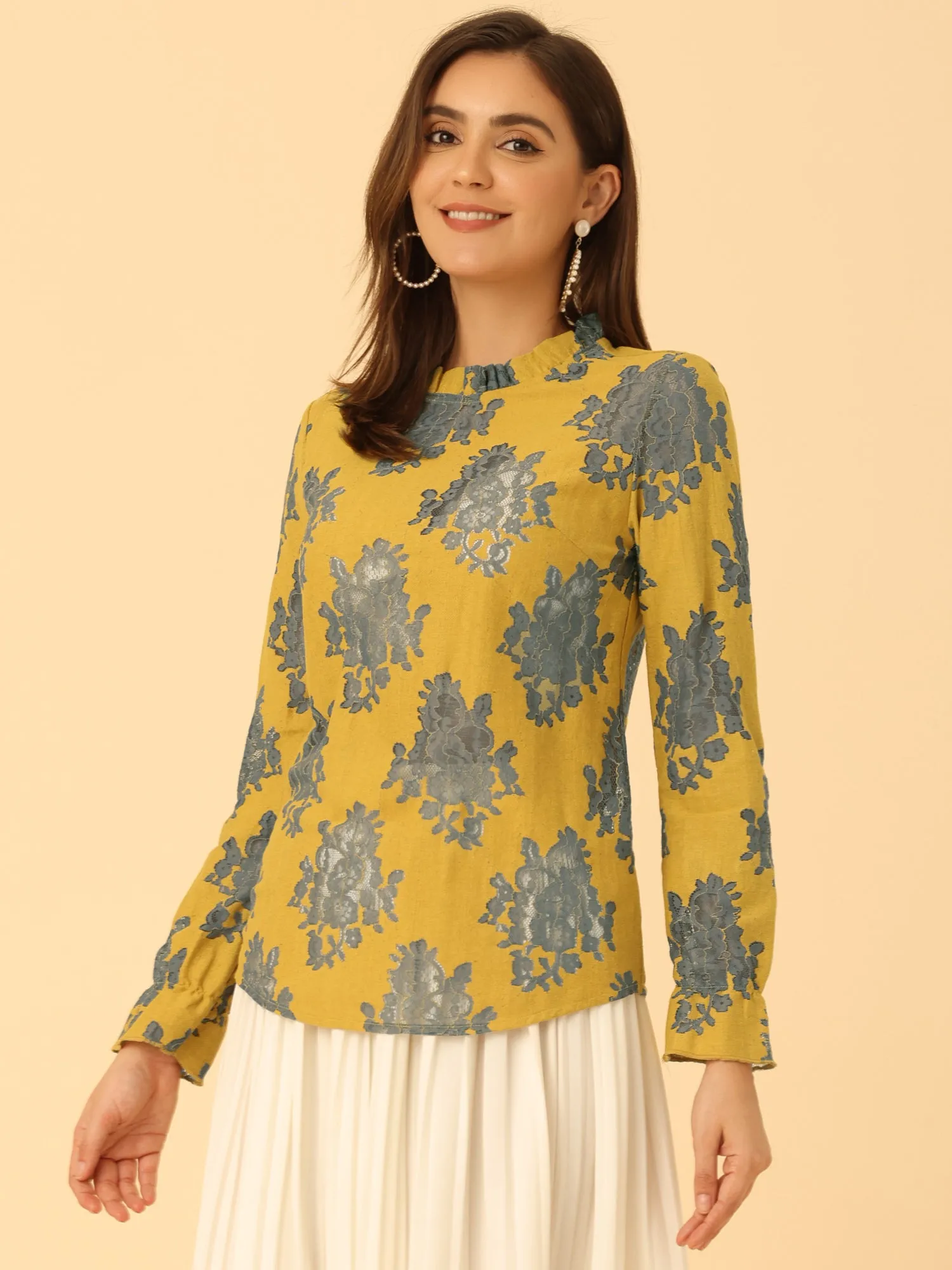 See Through Ruffle Frill Neck Long Sleeve Floral Lace Blouse sold by Allegra K product image thumbnail 3