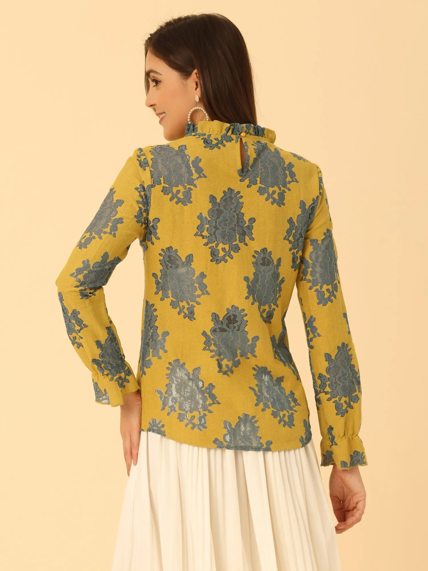 See Through Ruffle Frill Neck Long Sleeve Floral Lace Blouse sold by Allegra K product image thumbnail 4