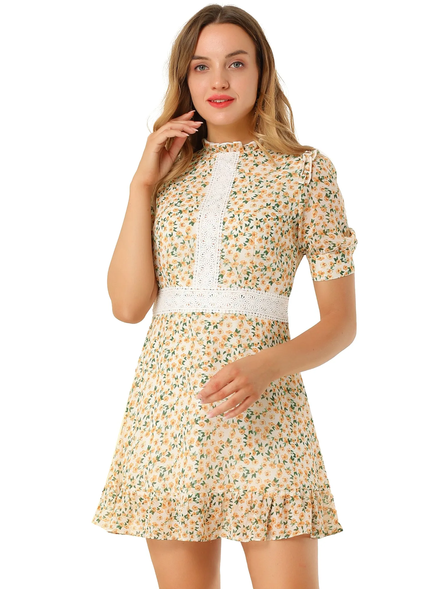 Dots Fit and Flare Ruffle Hem Floral Lace Inset Mini Dress sold by Allegra K product image thumbnail 2