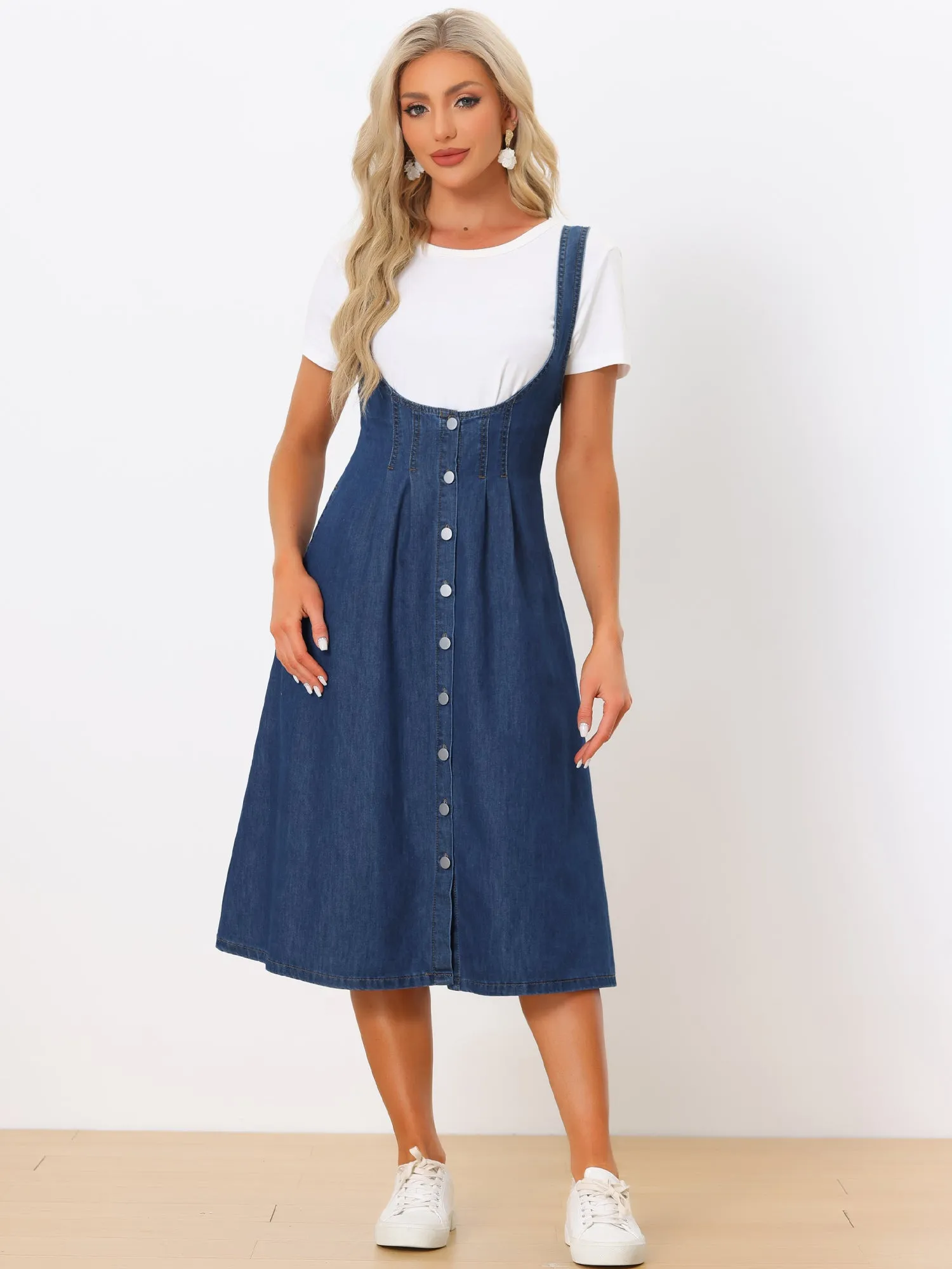 Button Front Overall Denim Midi Suspender Skirt with Pockets sold by Allegra K