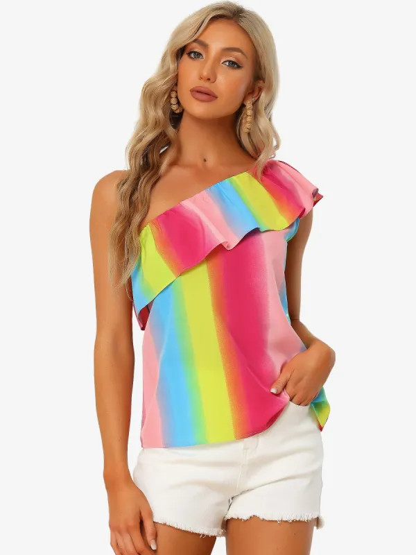 Sleeveless Rainbow One Shoulder Ruffle Trim Summer Blouse Top made by Allegra K
