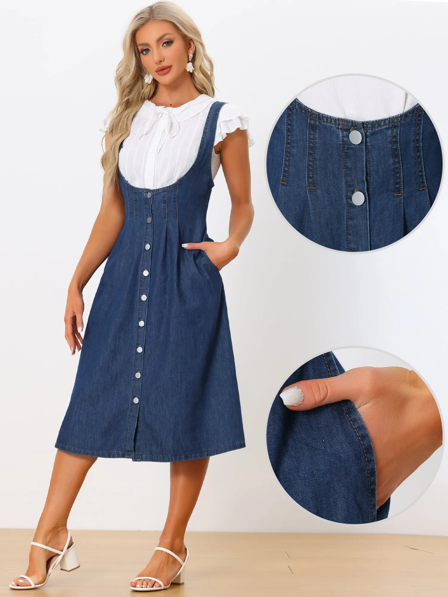 Button Front Overall Denim Midi Suspender Skirt with Pockets sold by Allegra K product image thumbnail 2