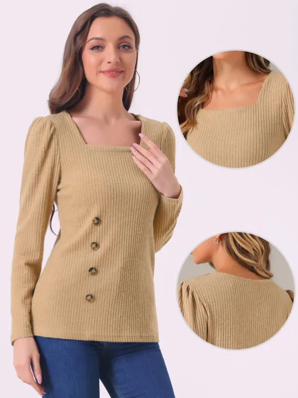 Long Sleeve Button Decor Square Neck Sweater Knit Top sold by Allegra K
