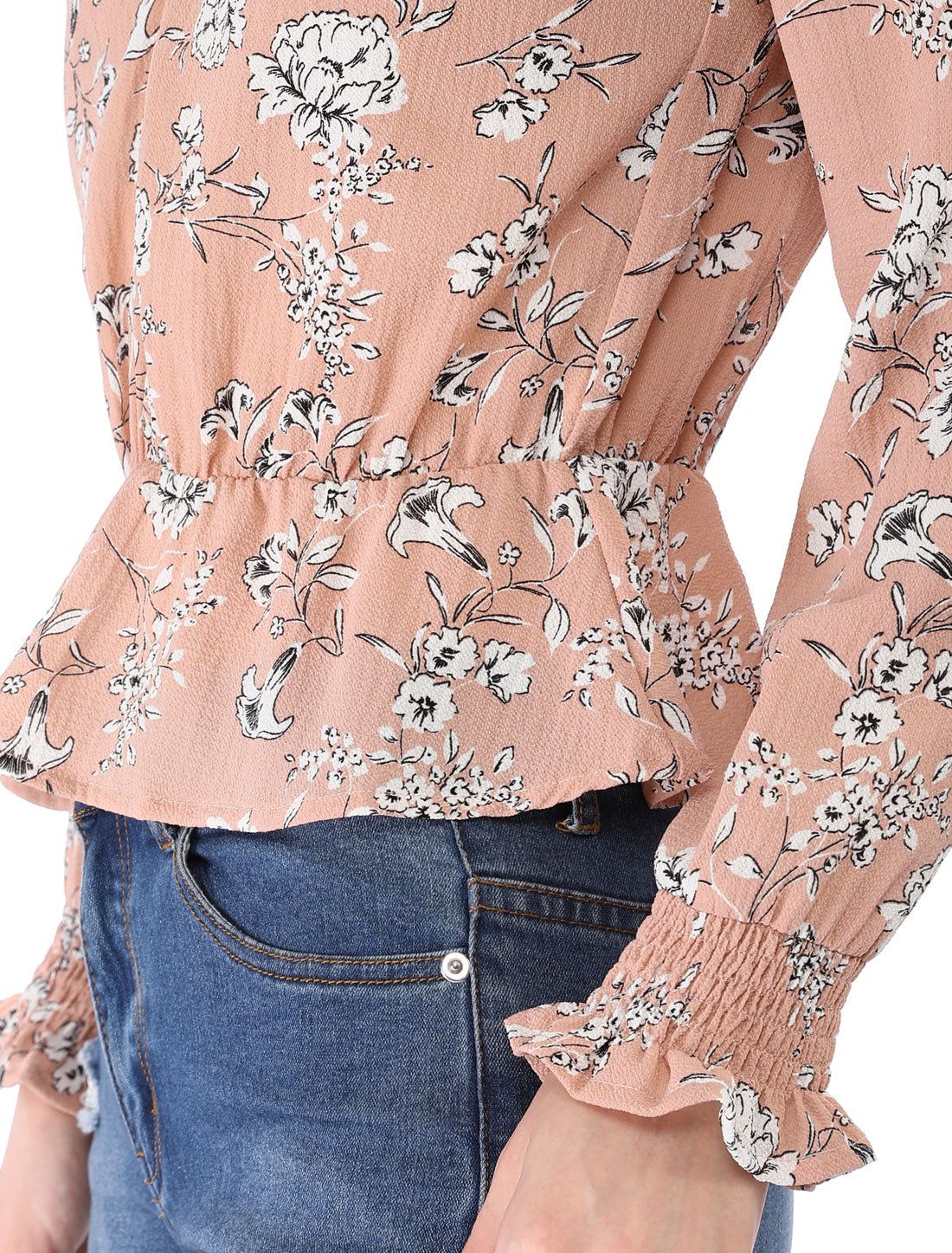 Long Smock Sleeve Peplum Floral Ruched V Neck Blouse sold by Allegra K product image thumbnail 5