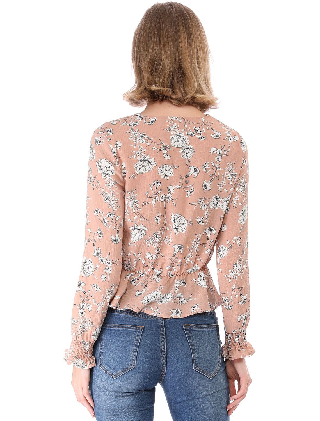 Long Smock Sleeve Peplum Floral Ruched V Neck Blouse sold by Allegra K product image thumbnail 4