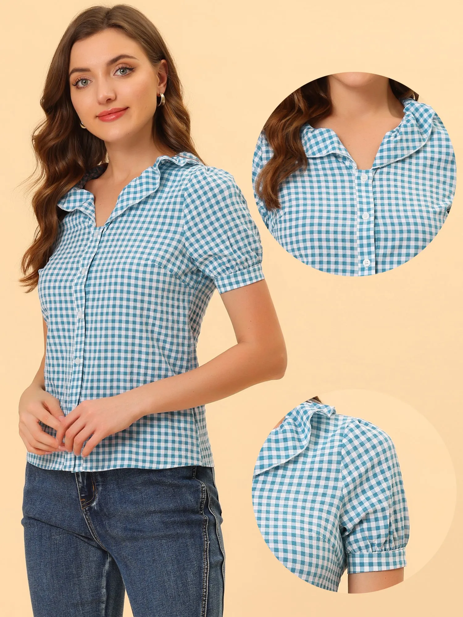 Plaid Blouse Puff Sleeve Ruffle Peter Pan Collar Shirt Top sold by Allegra K product image thumbnail 2