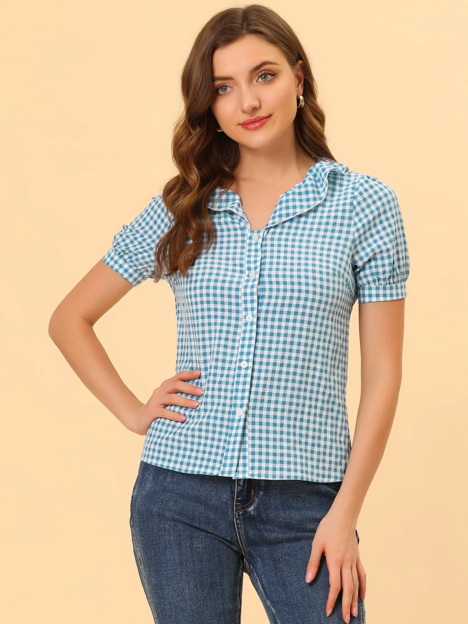 Plaid Blouse Puff Sleeve Ruffle Peter Pan Collar Shirt Top sold by Allegra K product image thumbnail 5