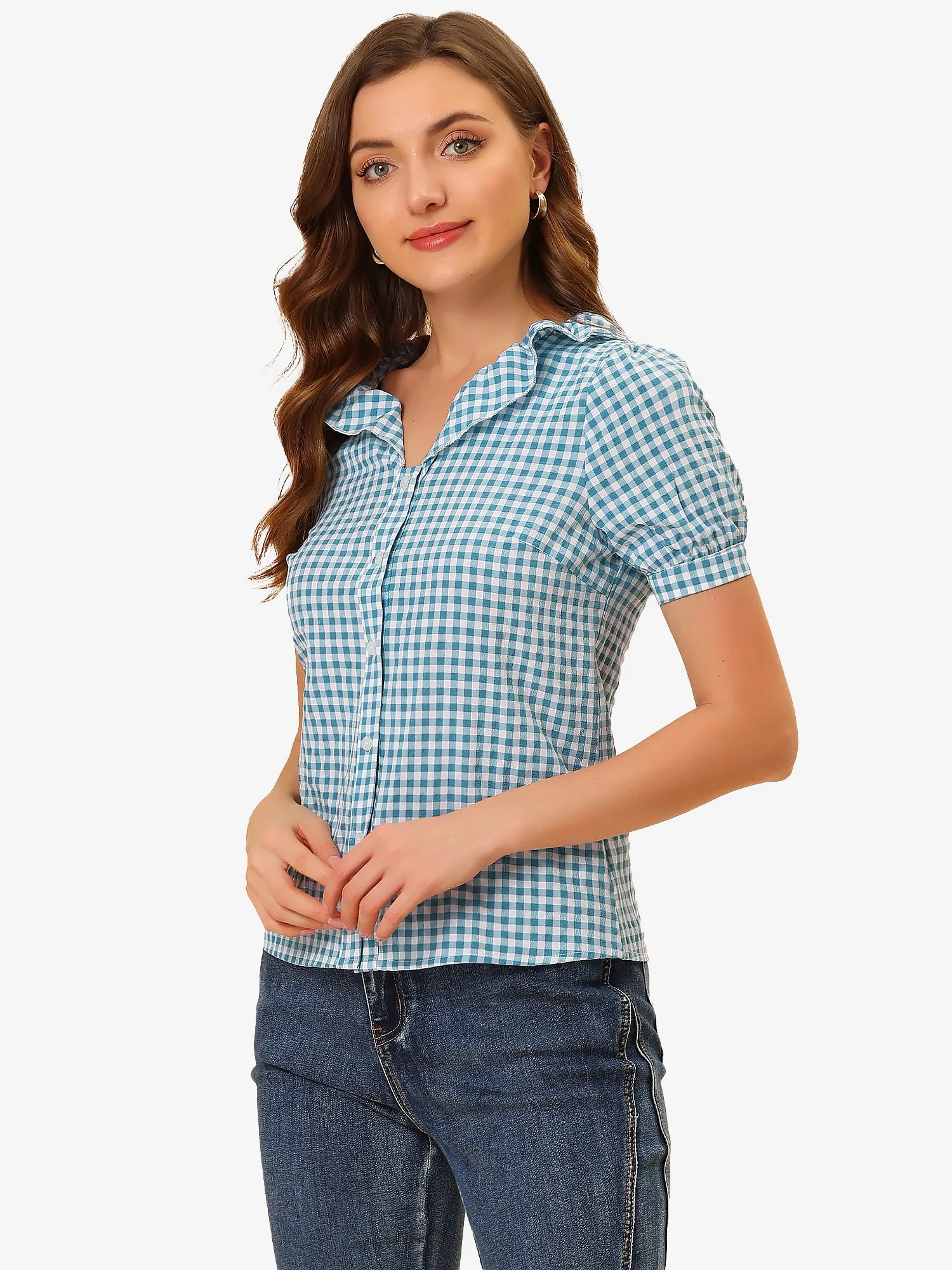 Plaid Blouse Puff Sleeve Ruffle Peter Pan Collar Shirt Top sold by Allegra K