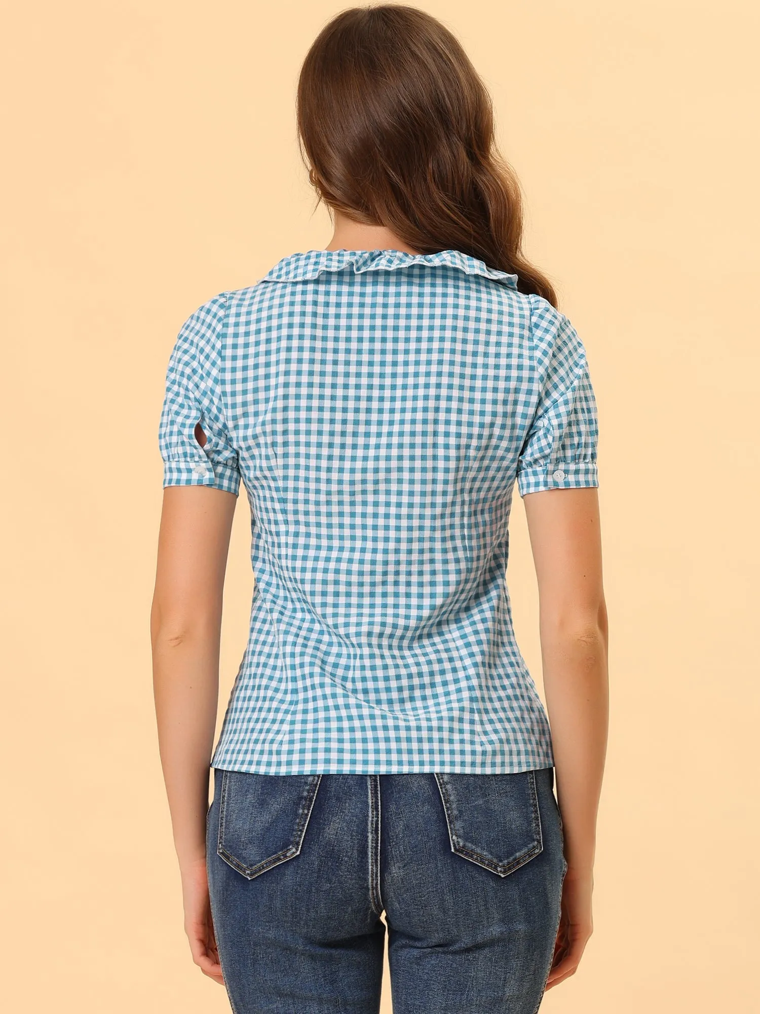 Plaid Blouse Puff Sleeve Ruffle Peter Pan Collar Shirt Top sold by Allegra K product image thumbnail 3
