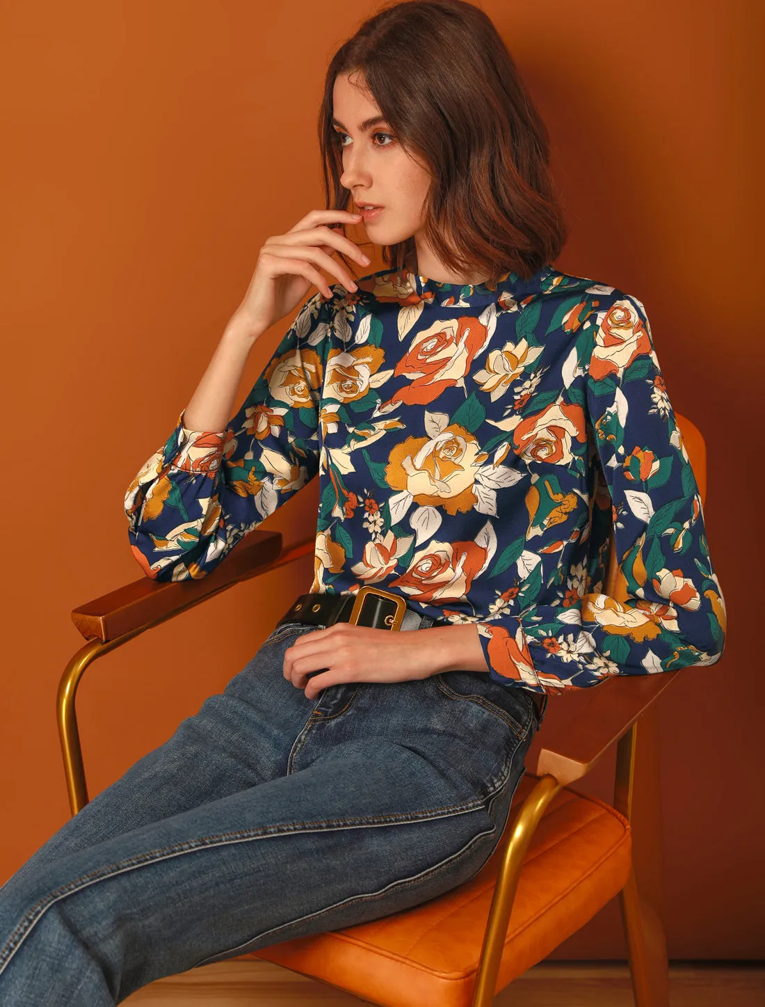 Bow Tie Neck Button Back Long Sleeve Floral Vintage Blouse Shirt sold by Allegra K product image thumbnail 3