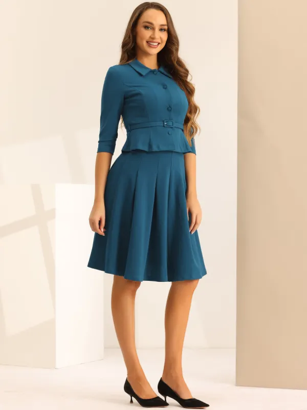 2 Piece 3/4 Sleeve Cropped Belted Blazer and Pleated Skirt Business Suit Sets sold by Allegra K